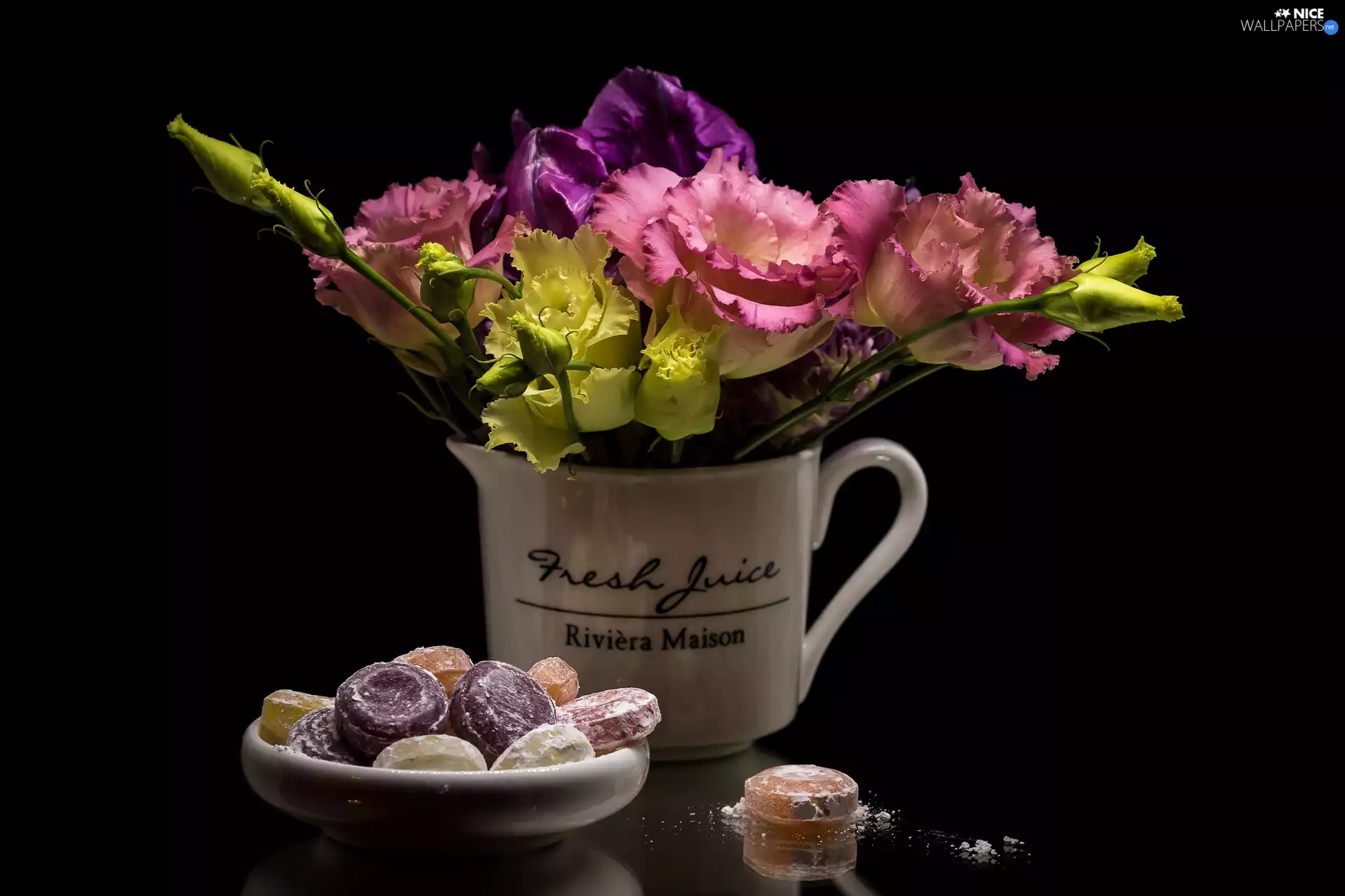jug, Candies, Eustoma, composition, Flowers