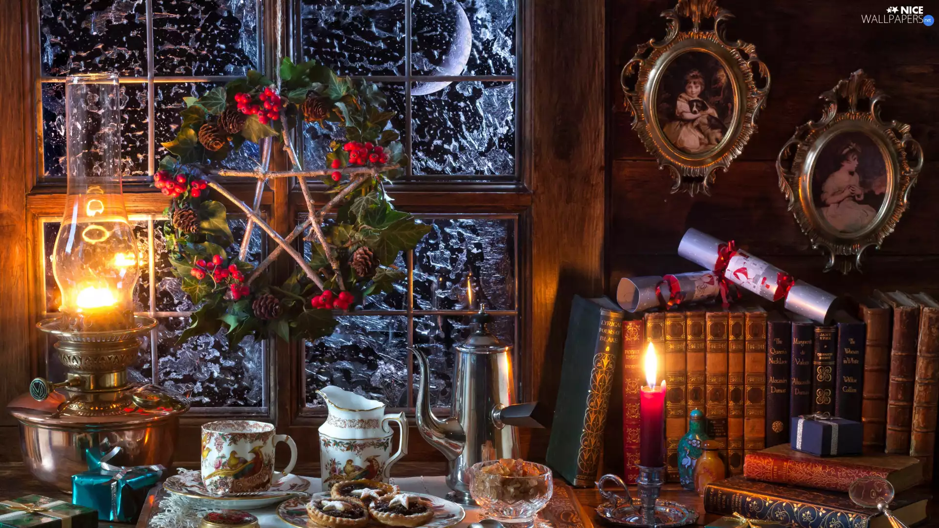 candle, Oil Lamp, Window, frame, Christmas, gifts, wreath, Books, photos
