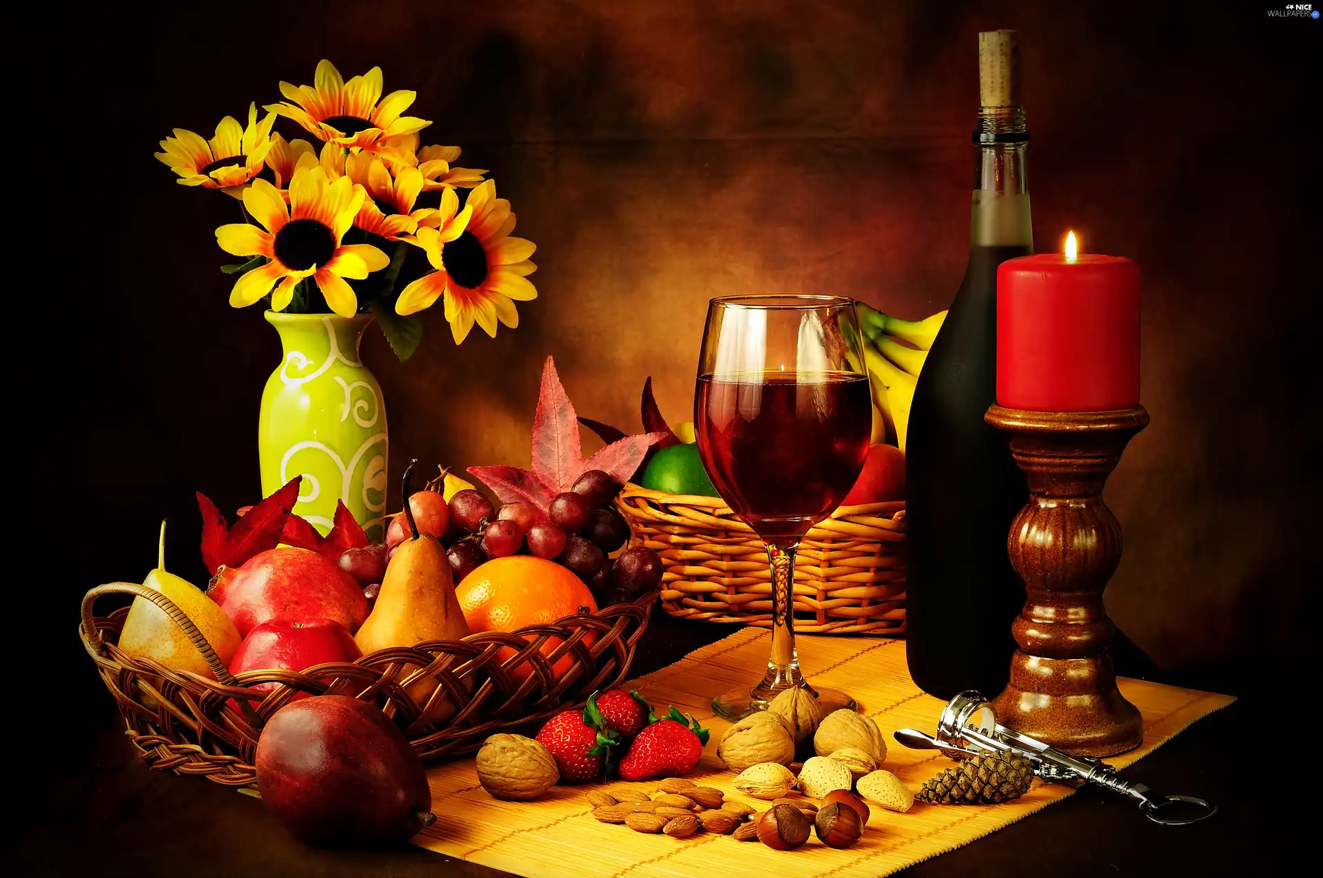 Flowers, composition, candle, Wine, Fruits, Yellow