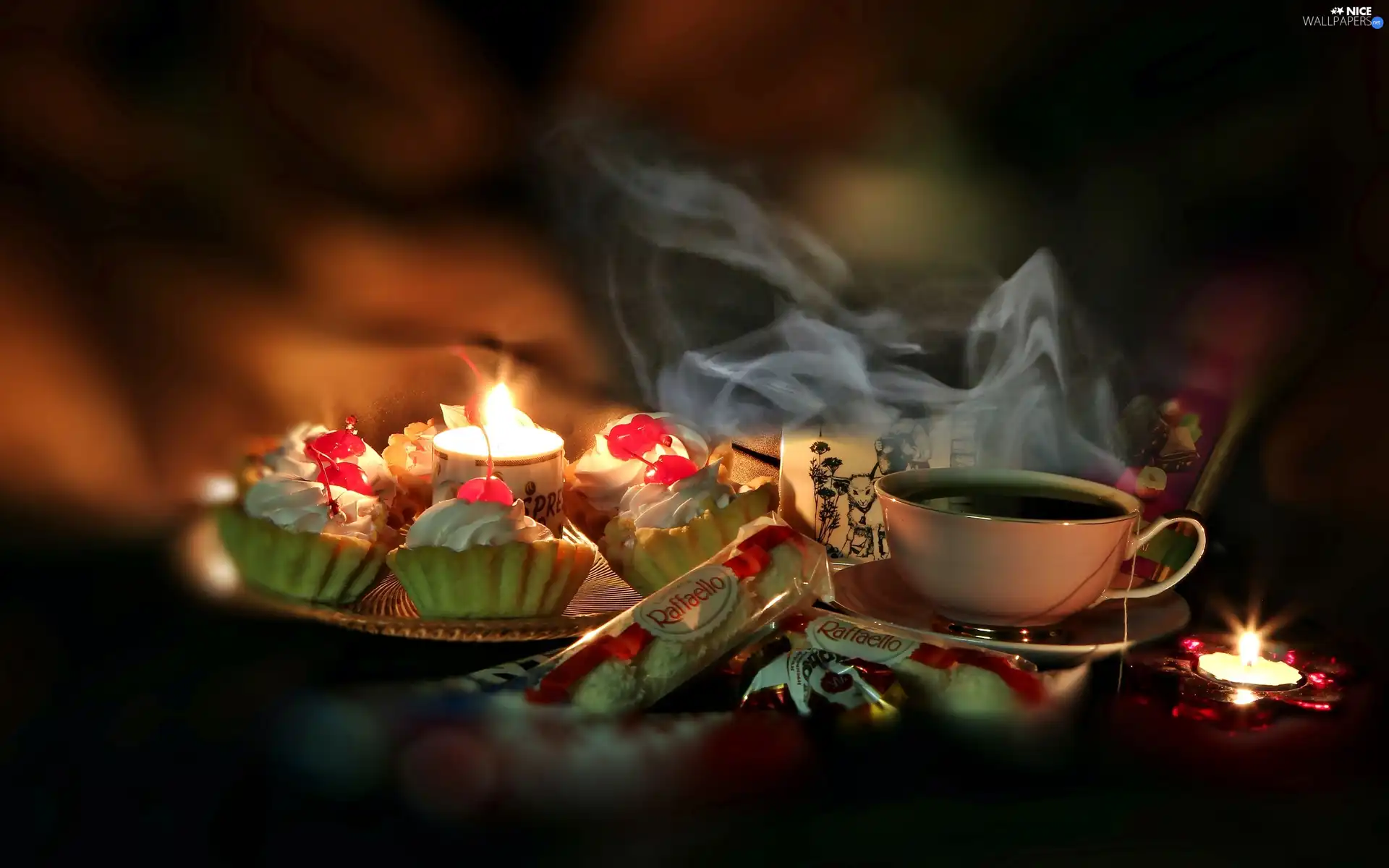 Muffins, hot, Candles, blur, Rafaello, tea