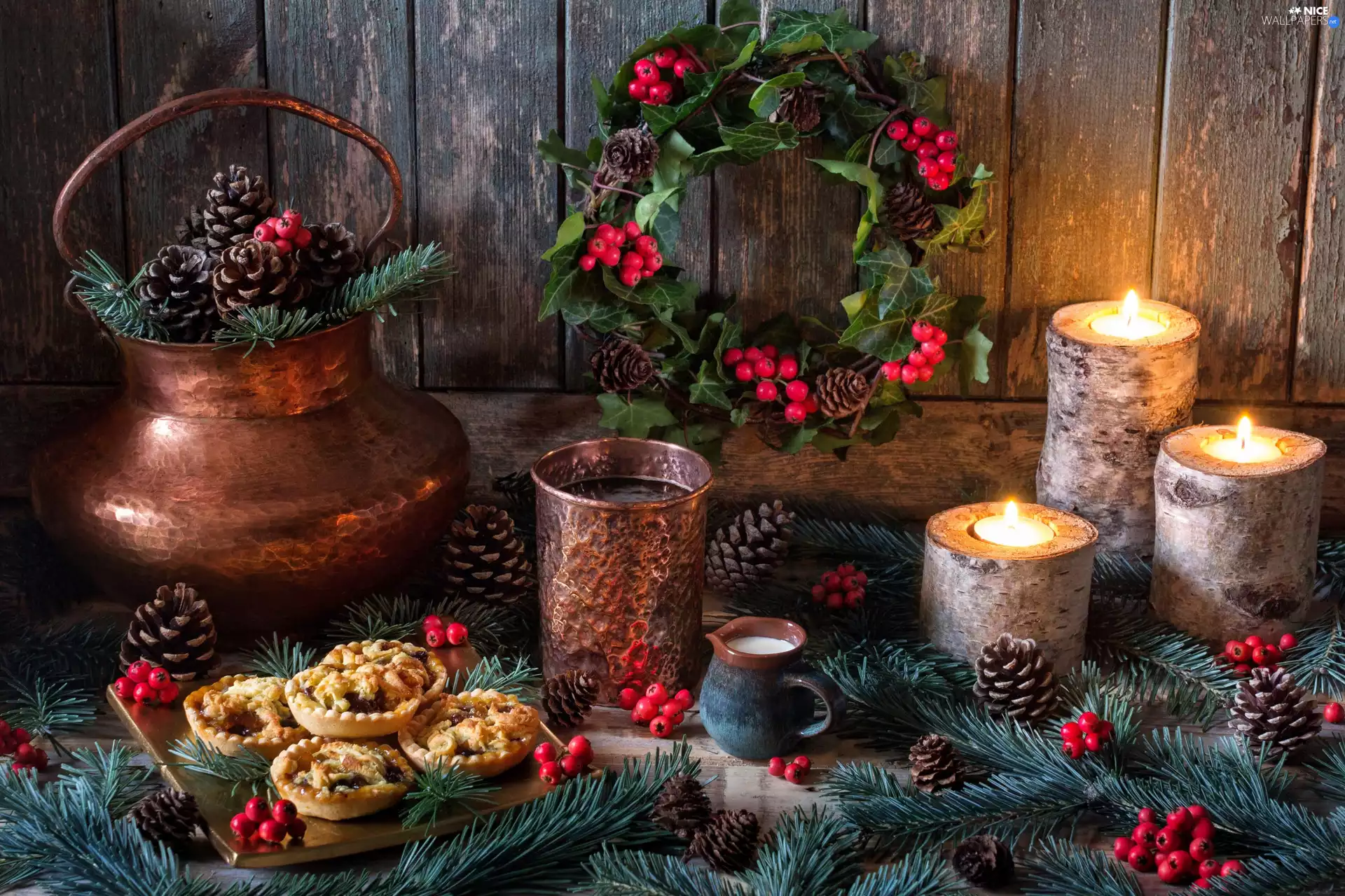 Twigs, Christmas, cones, Candles, composition, Cookies, ornamentation