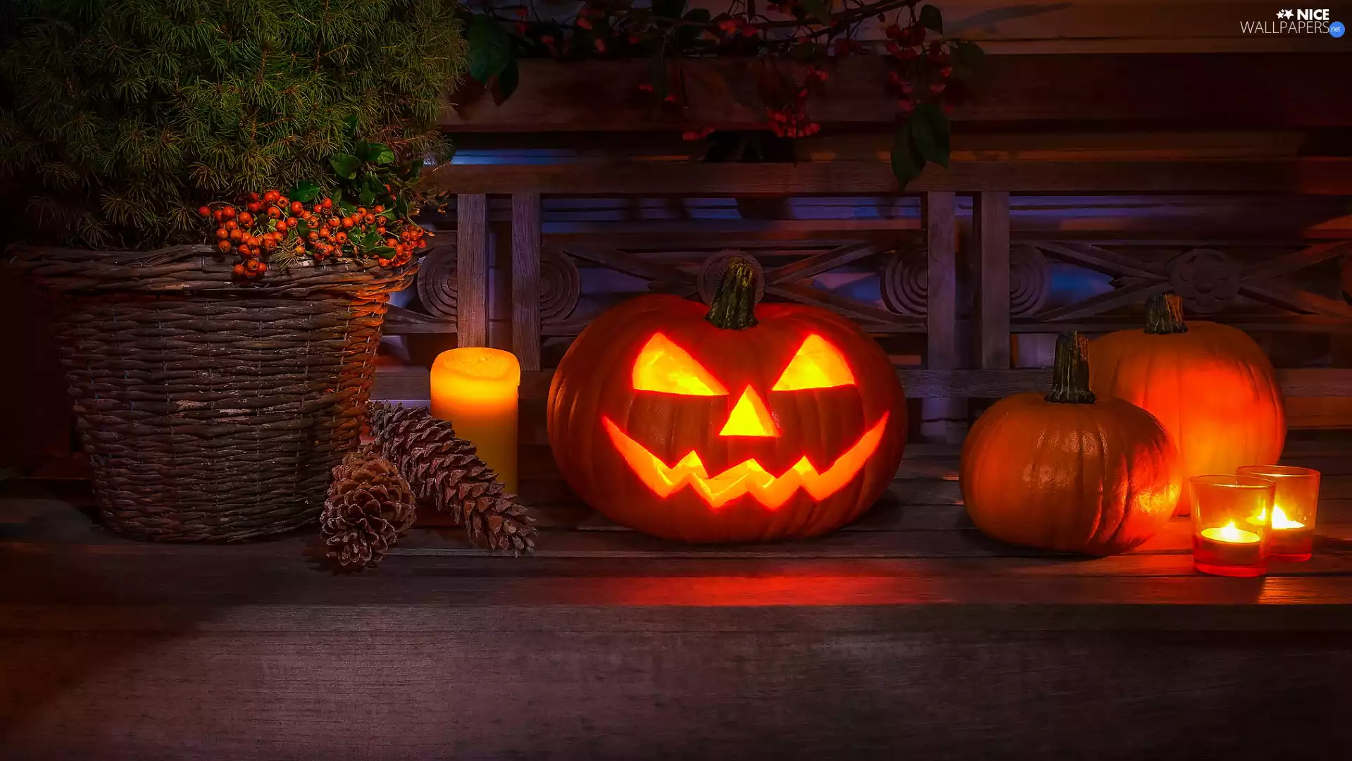 cones, pumpkin, conifer, Candles, composition, basket, halloween