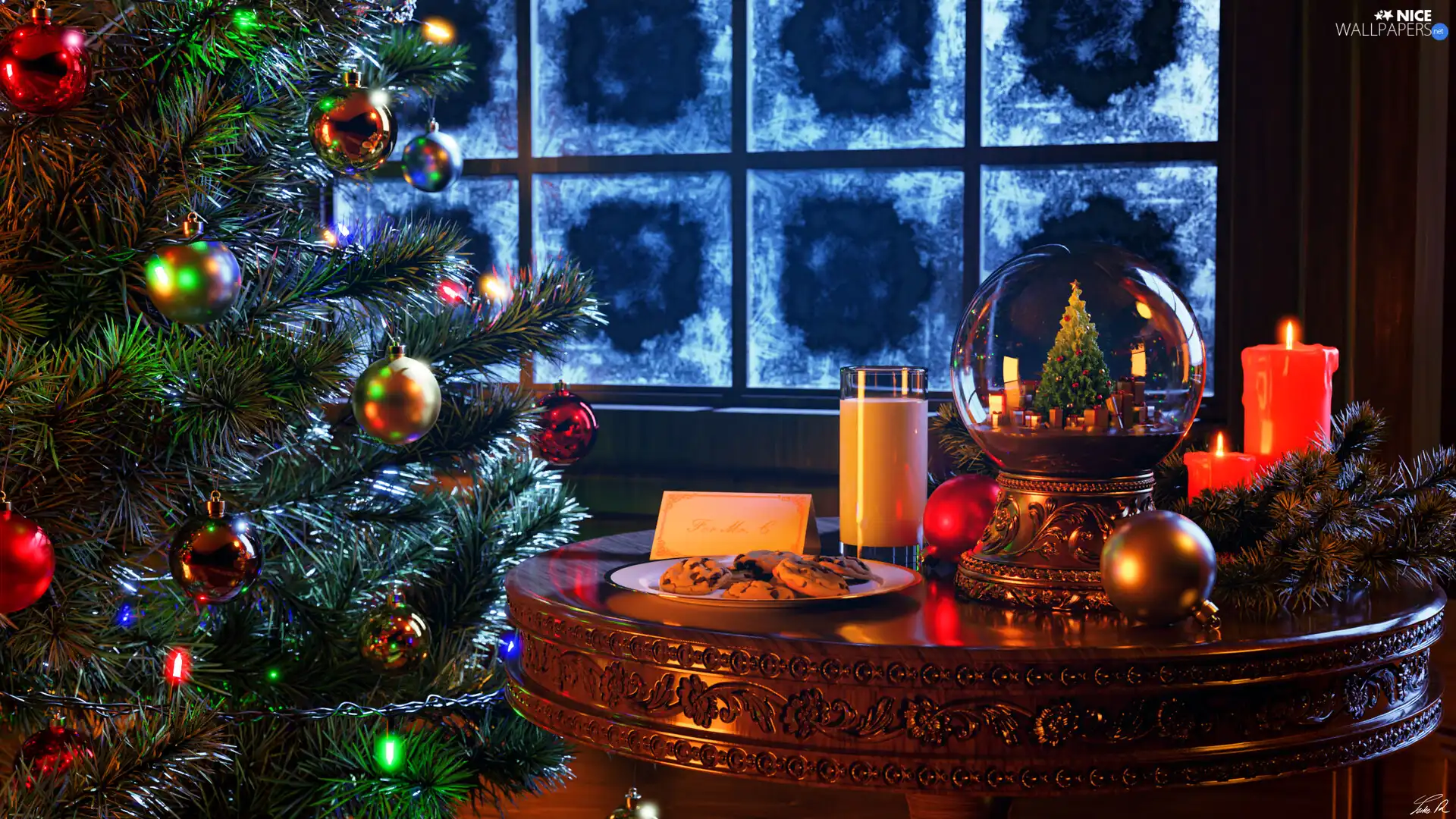 Orb, christmas tree, cookies, Table, Christmas, baubles, Candles