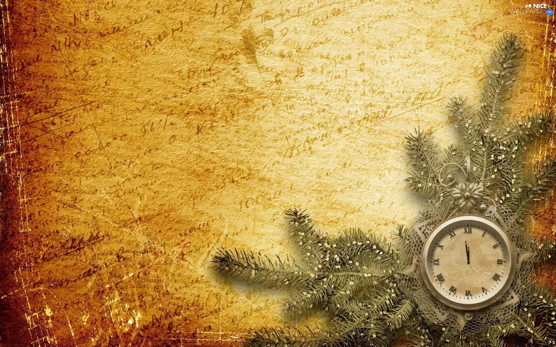 Old, card, Twigs, spruce, Clock