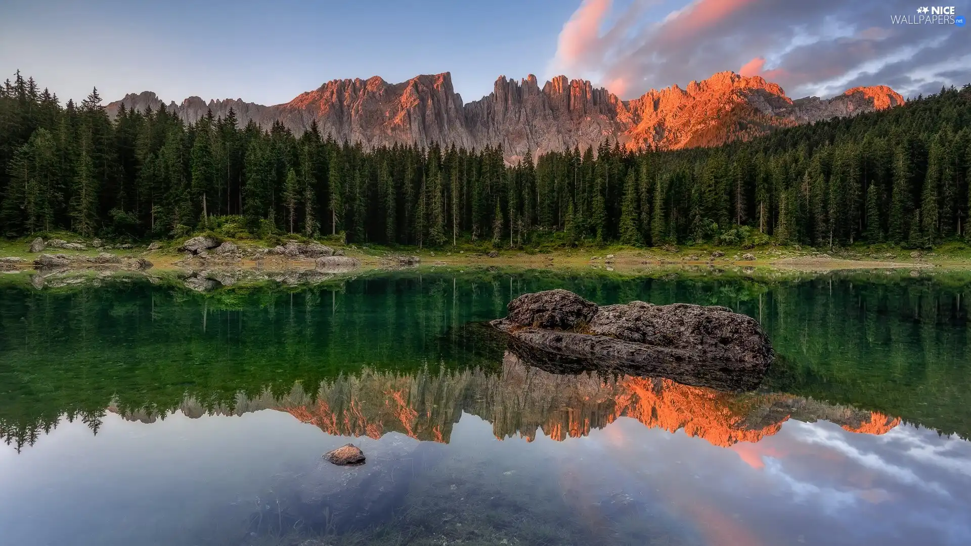 viewes, Lago di Carezza, Dolomites, South Tyrol, forest, lake, Mountains, Italy, clouds, trees