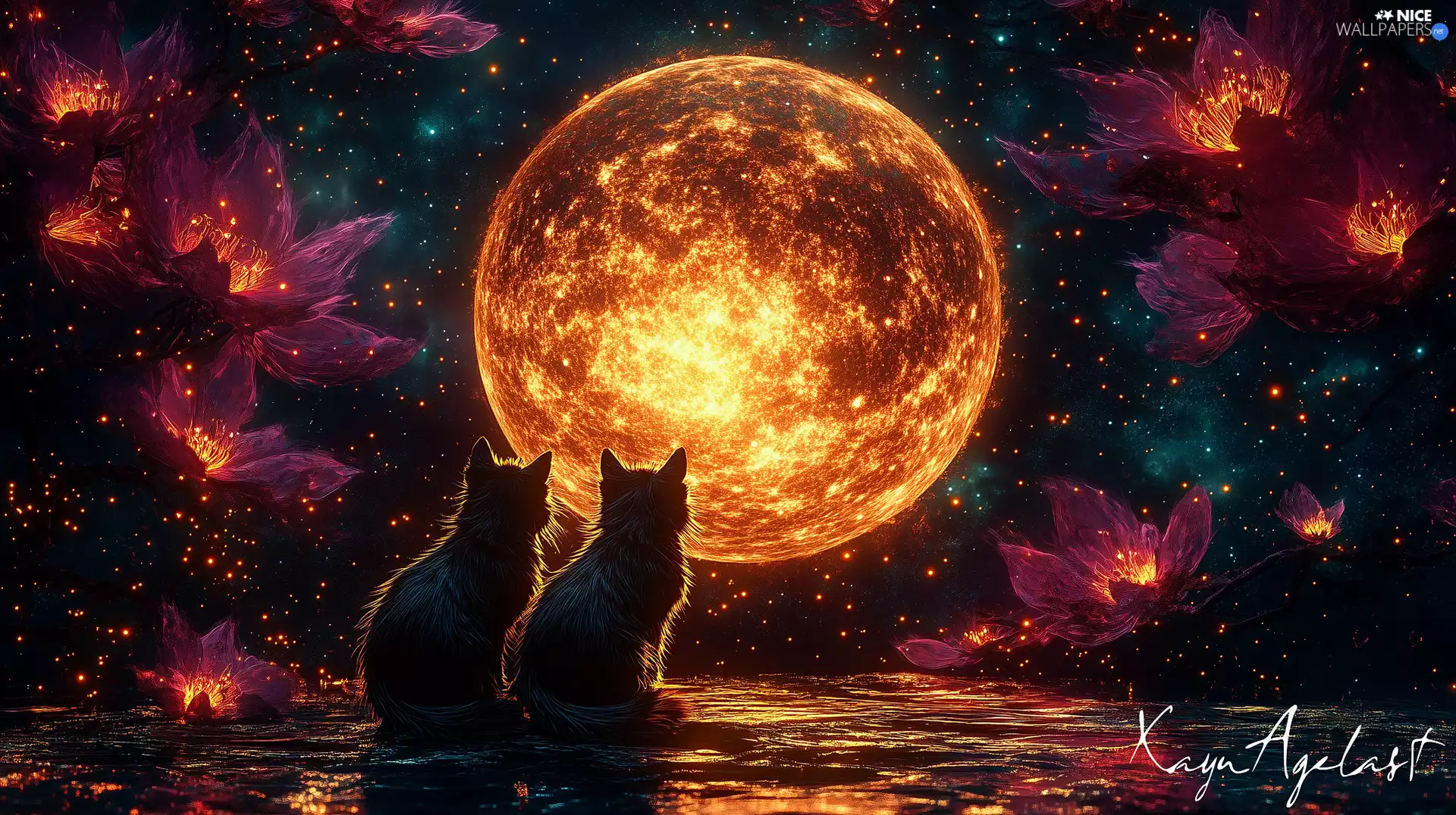Two cars, Flowers, moon, cats