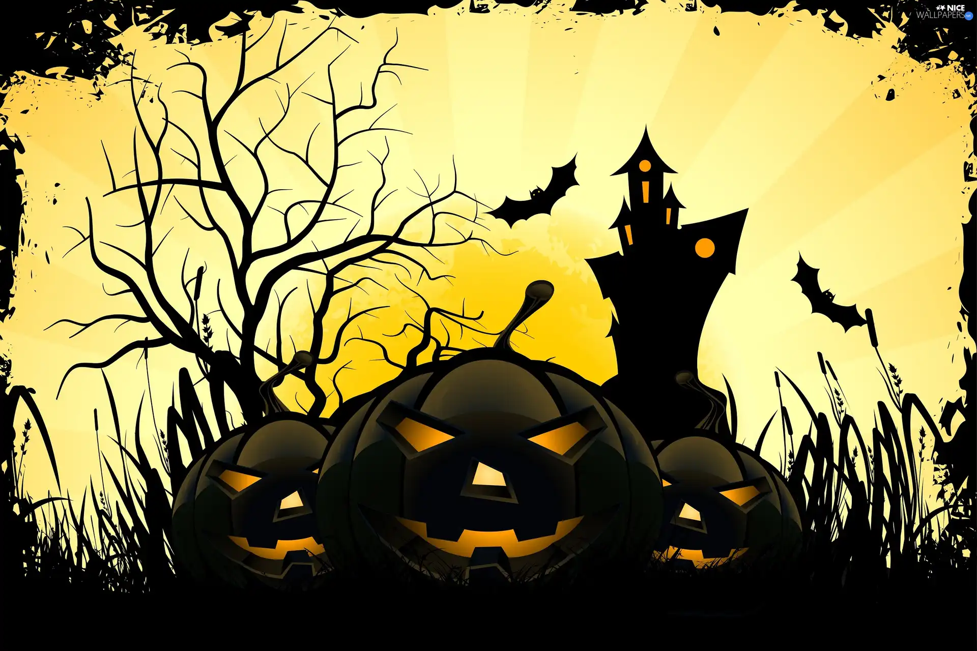 Castle, bats, Three, pumpkin, halloween