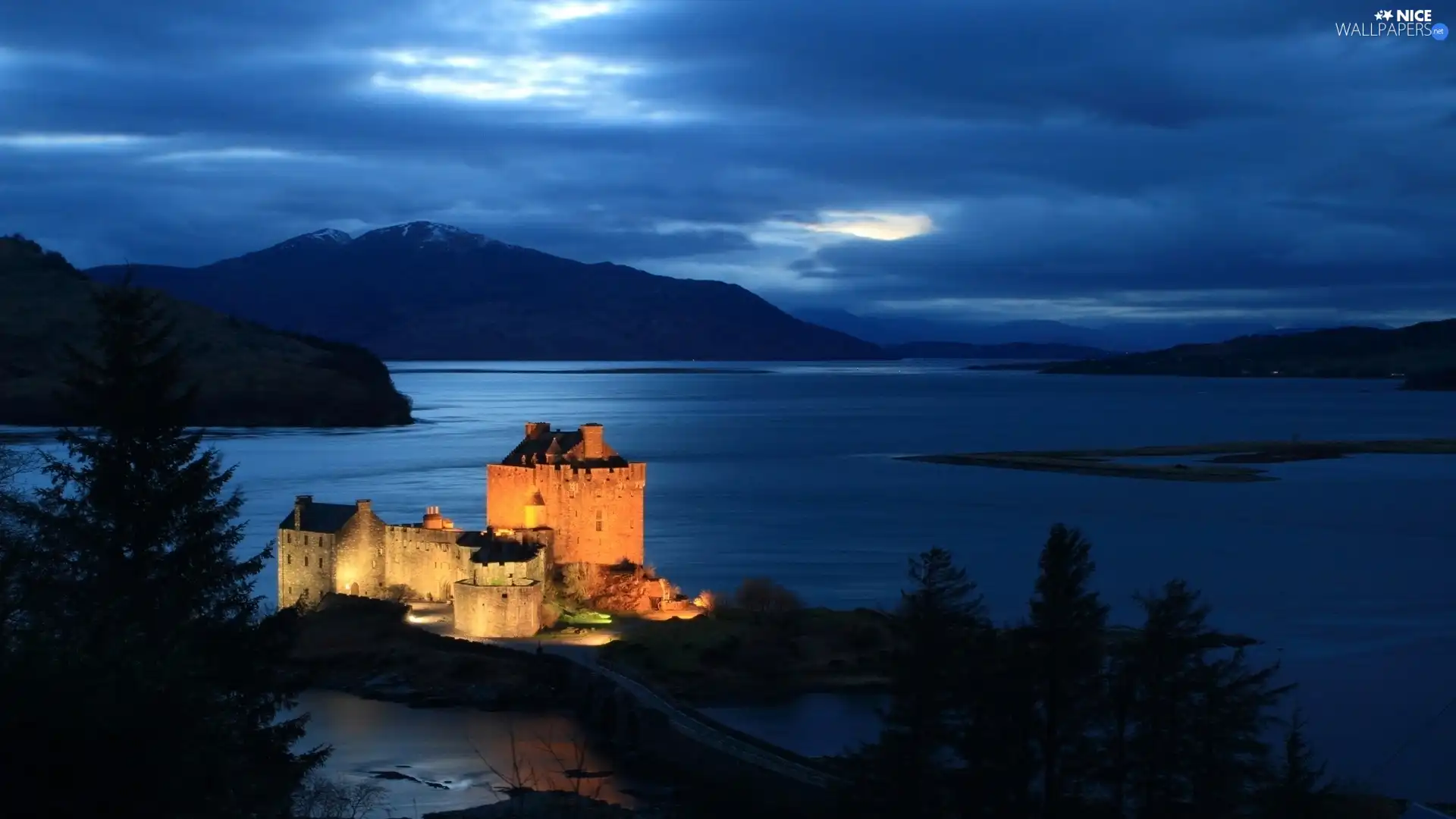 lake, Floodlit, Castle, Mountains