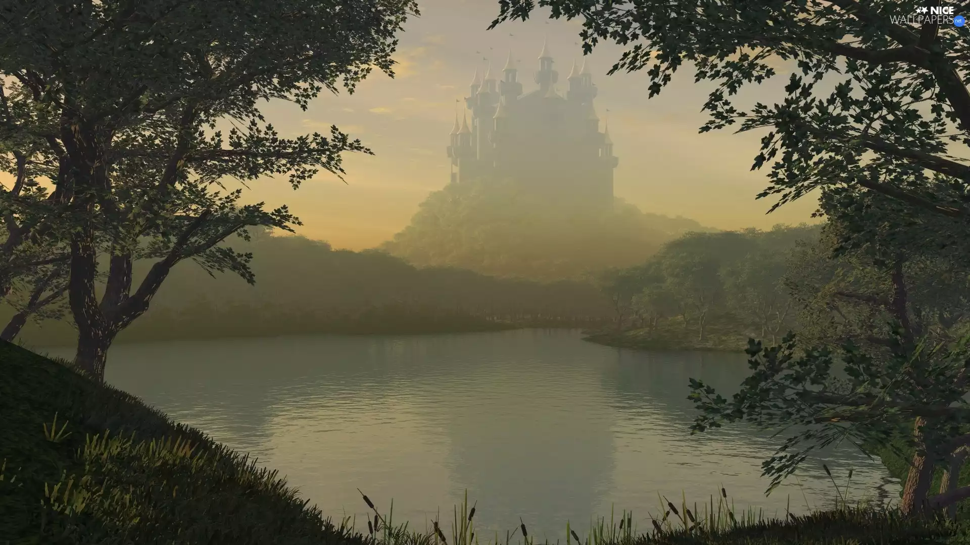 landscape, forest, lake, Castle