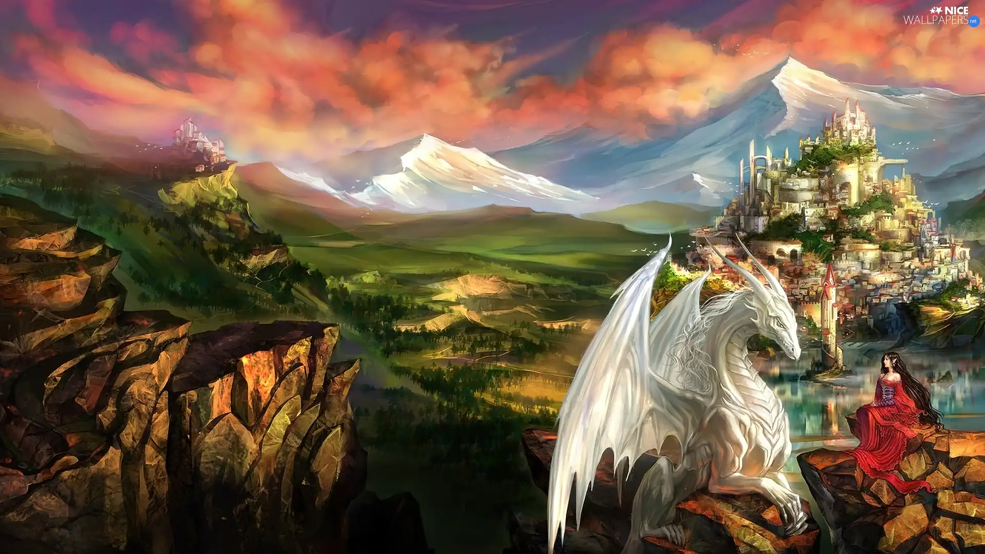 Mountains, Women, Castle, Dragon