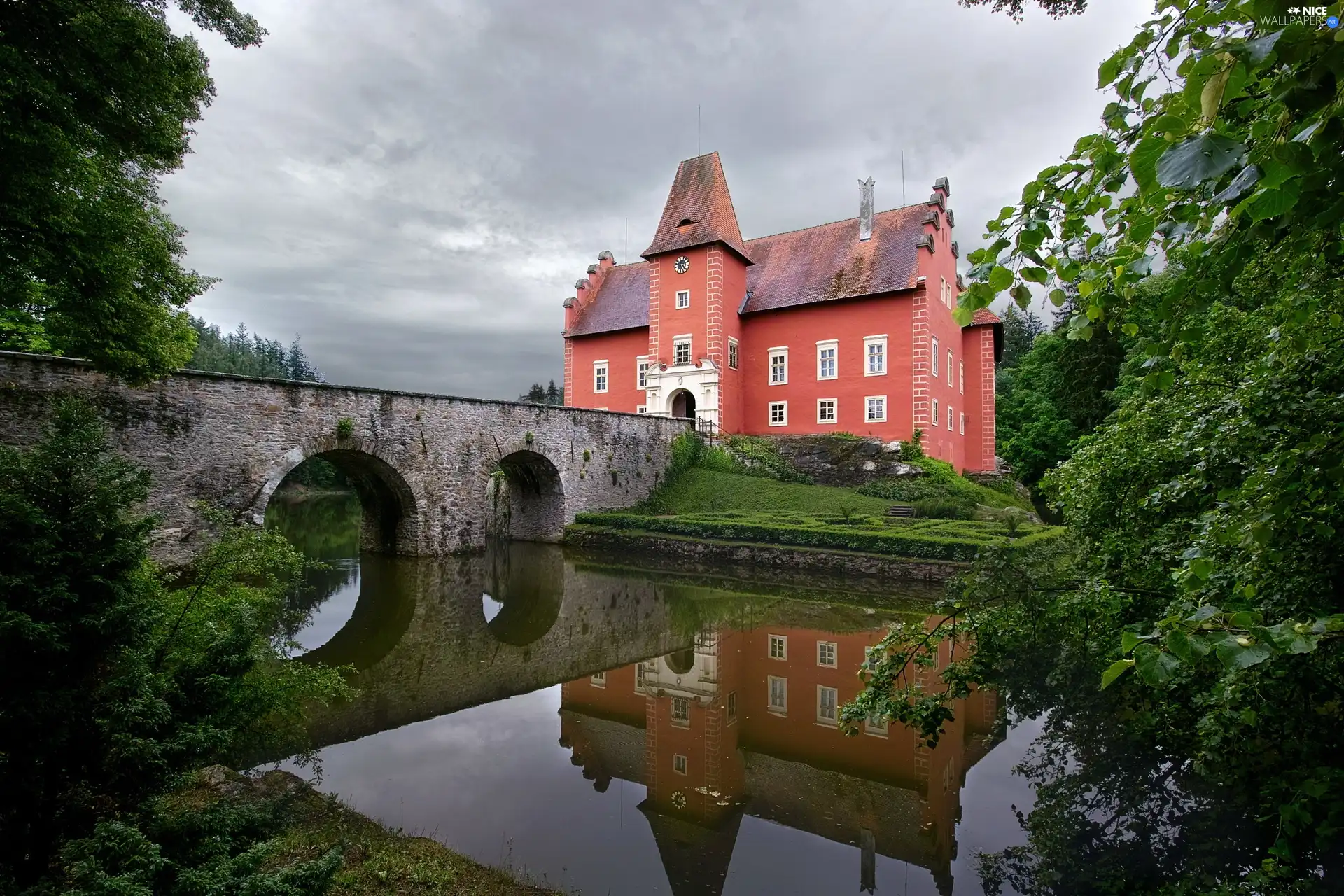 bridge, Czech Republic, trees, viewes, River, Cervena Lhota Castle