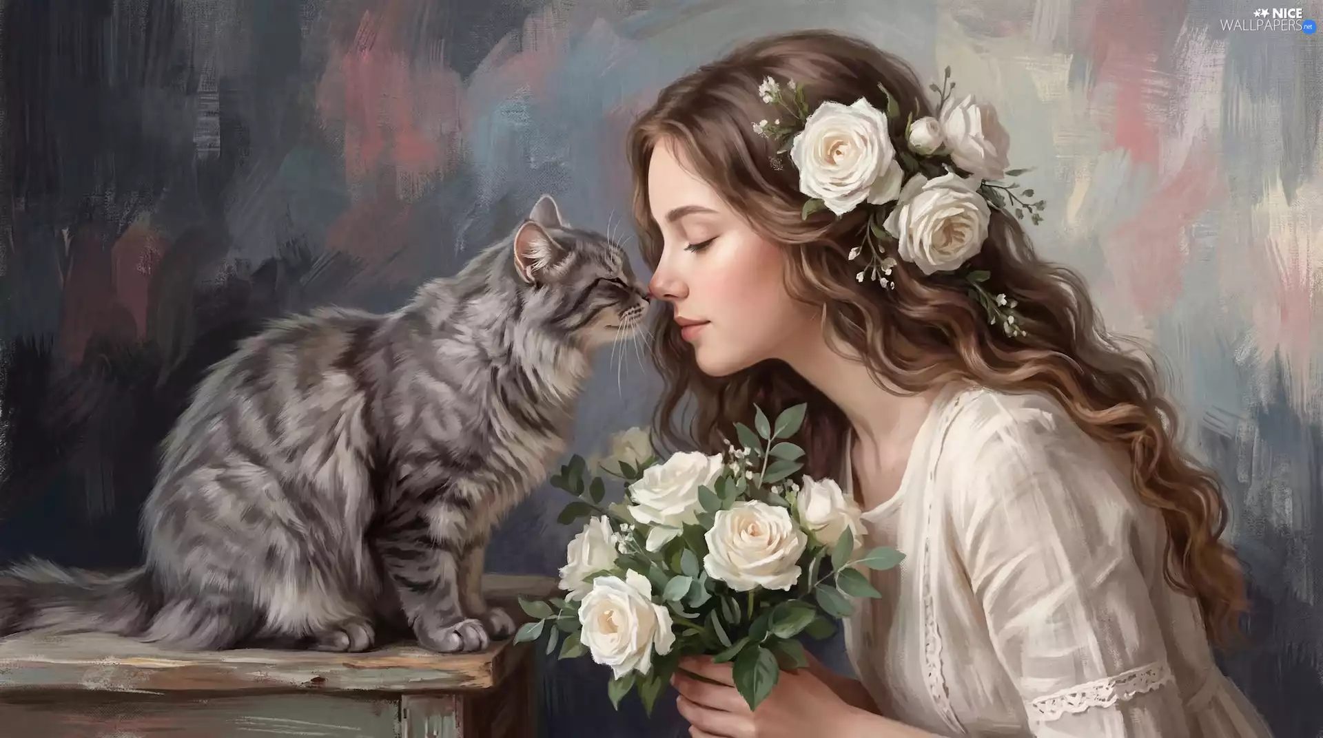 roses, cat, girl, longhaired, graphics