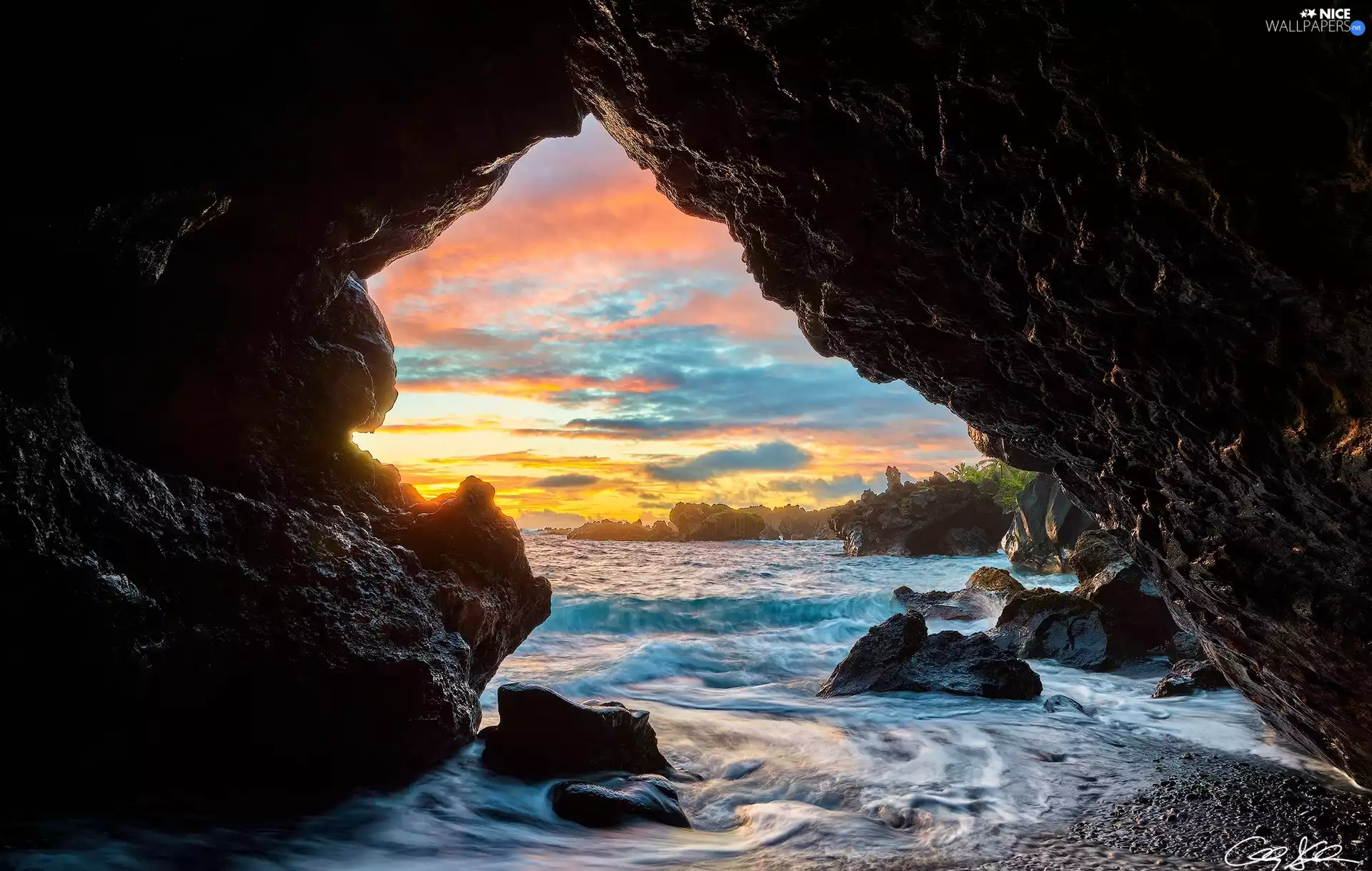 rocks, Sunrise, sea, cave, Aloha State Hawaje