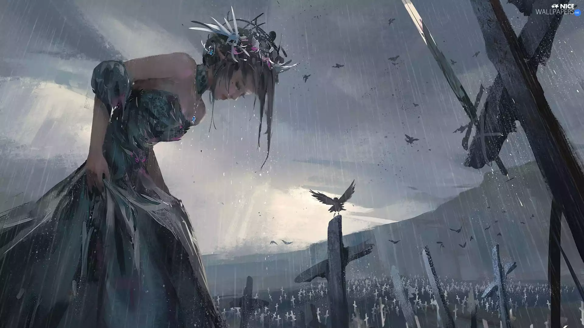 cemetery, girl, Rain