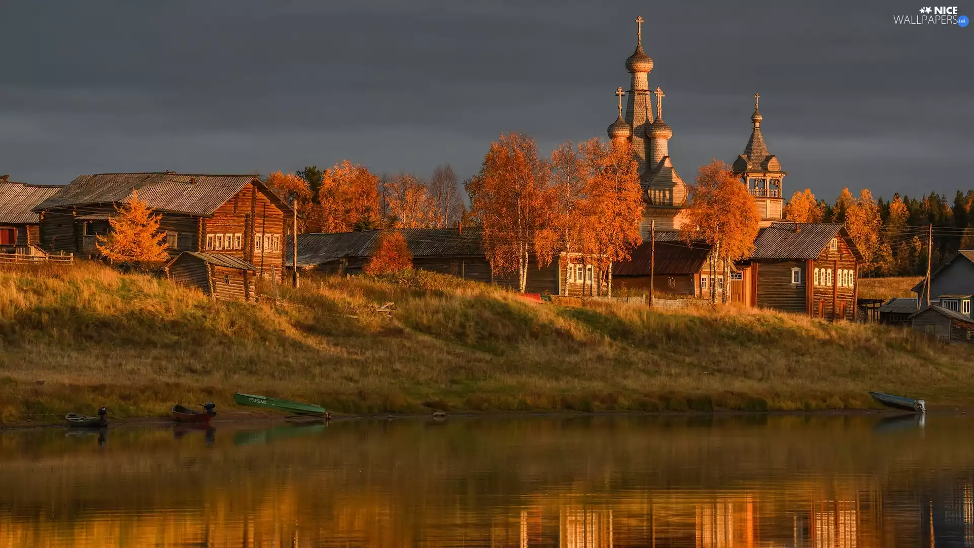 clouds, River, viewes, Houses, trees, country, autumn, Cerkiew