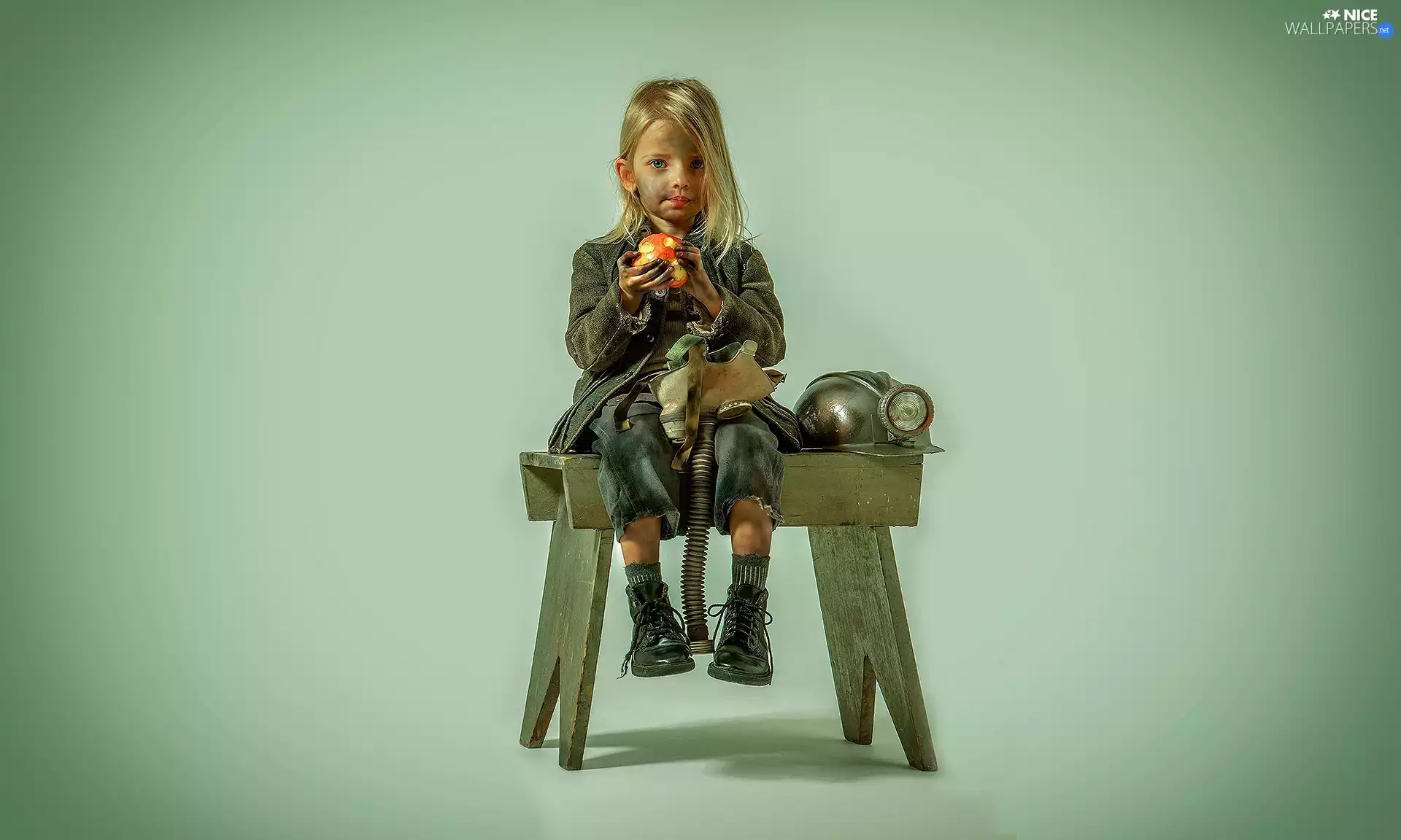 helmet, Chair, girl, Apple, Kid