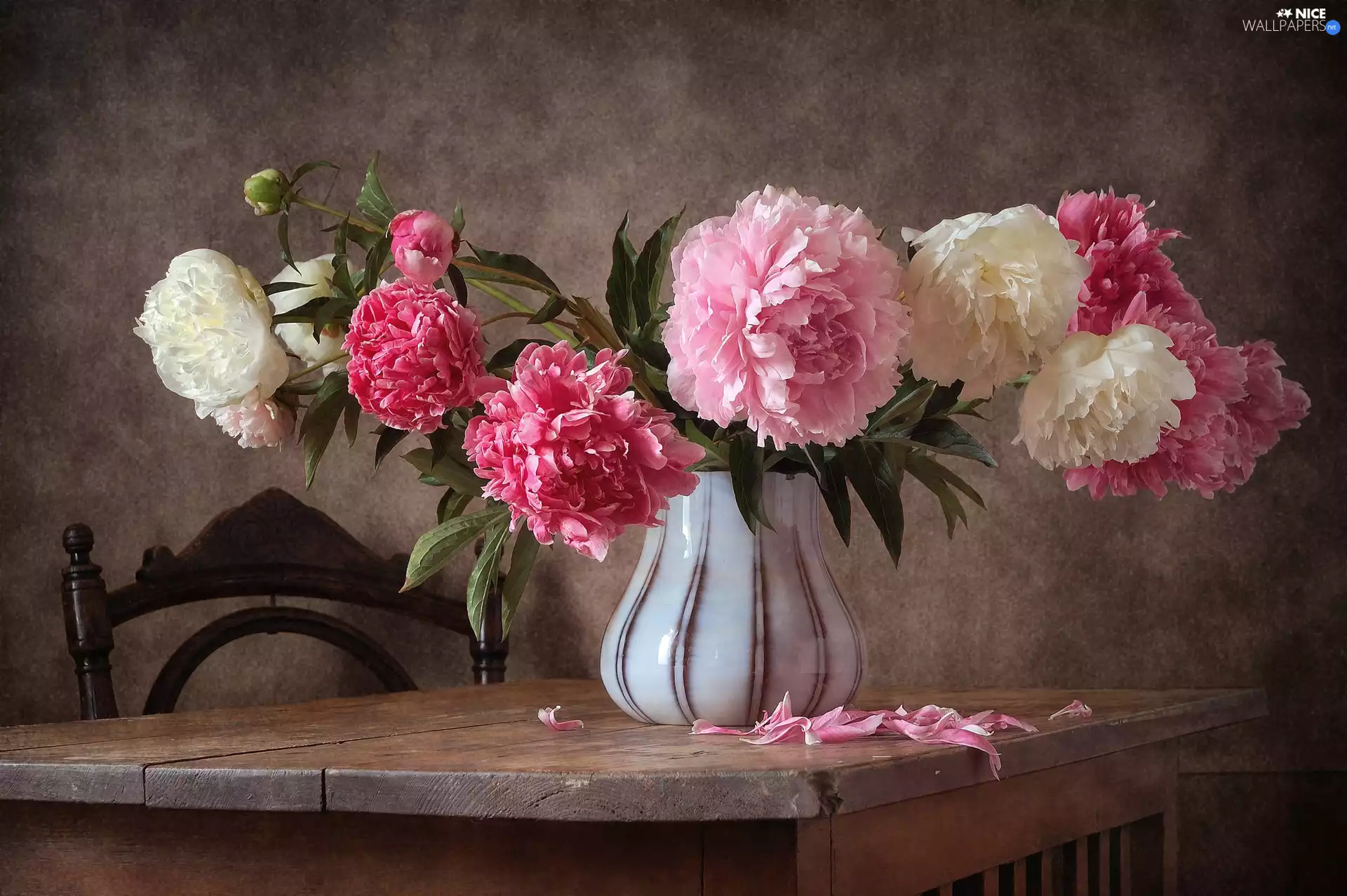 bouquet, Flowers, Table, Chair, Vase, Peonies