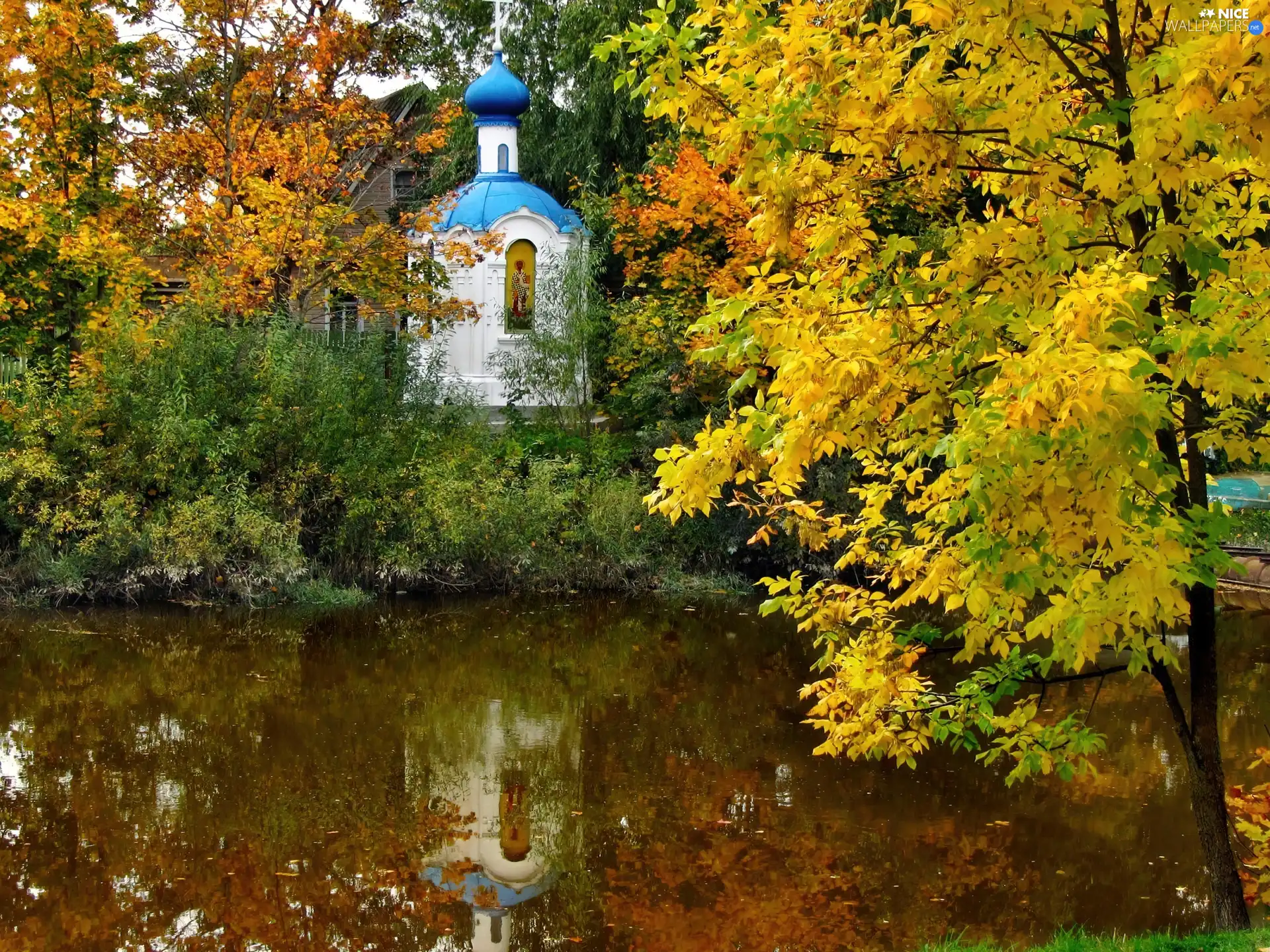 chapel, autumn, trees, viewes, River