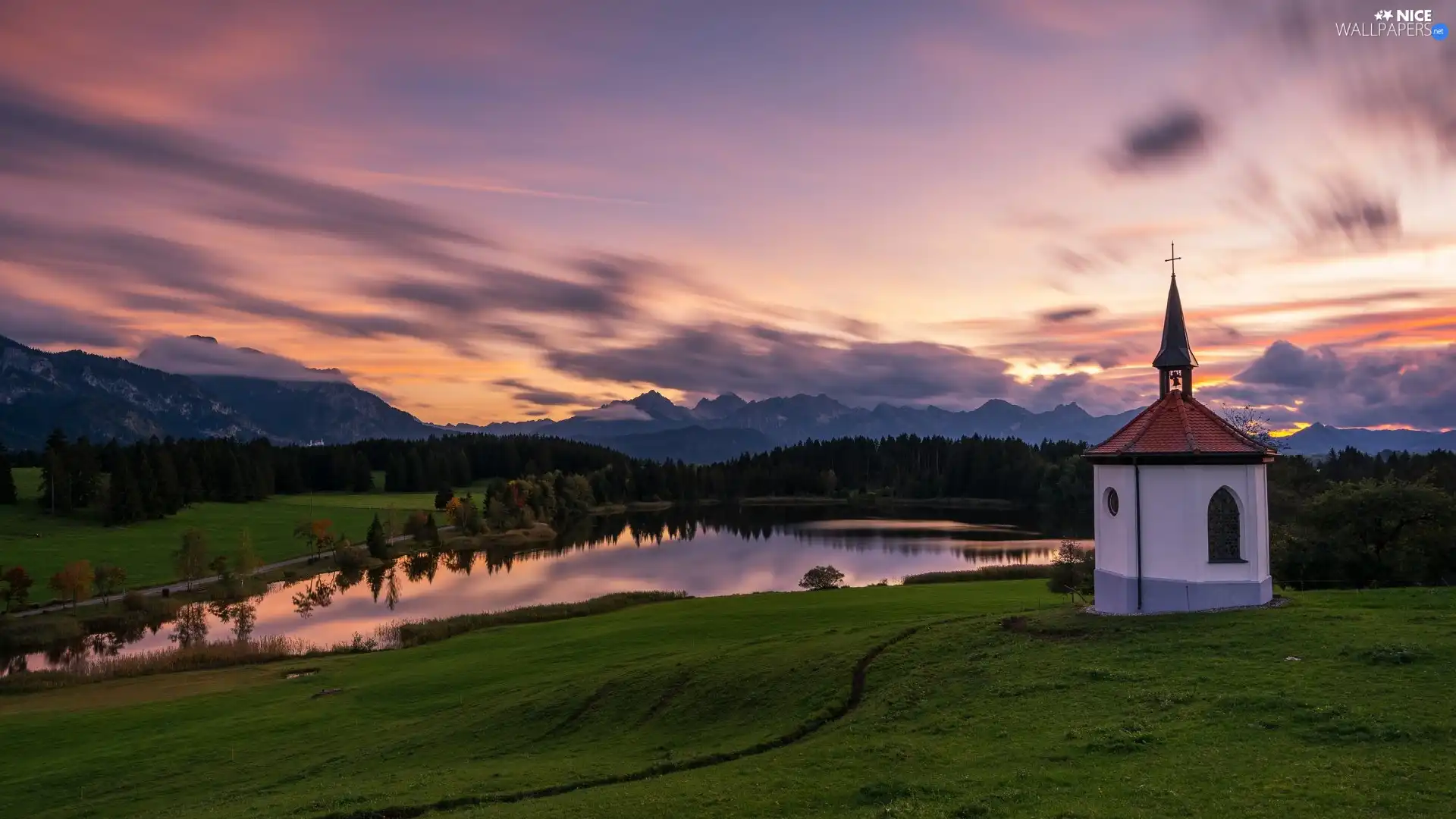 chapel, trees, clouds, viewes, Great Sunsets, lake, Mountains, forest