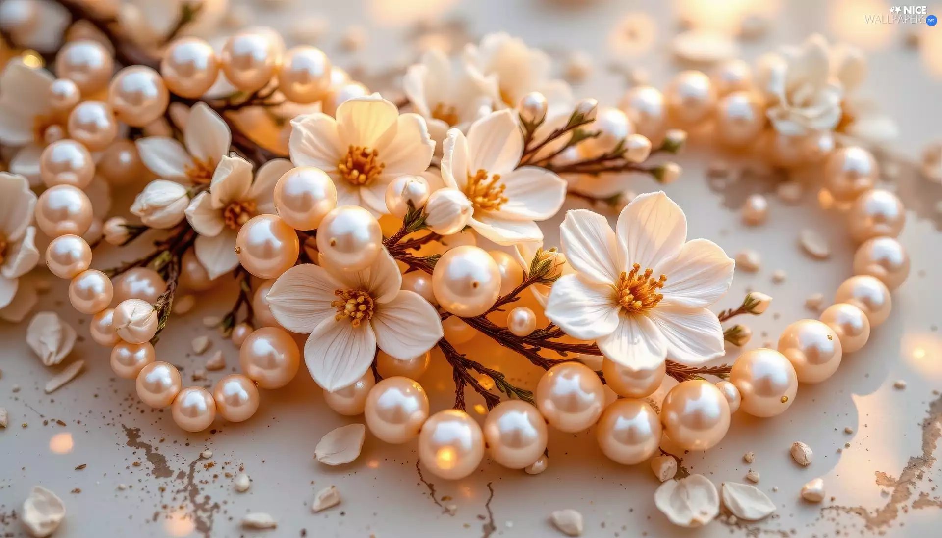 Pearl, chaplet, Flowers, twig, White
