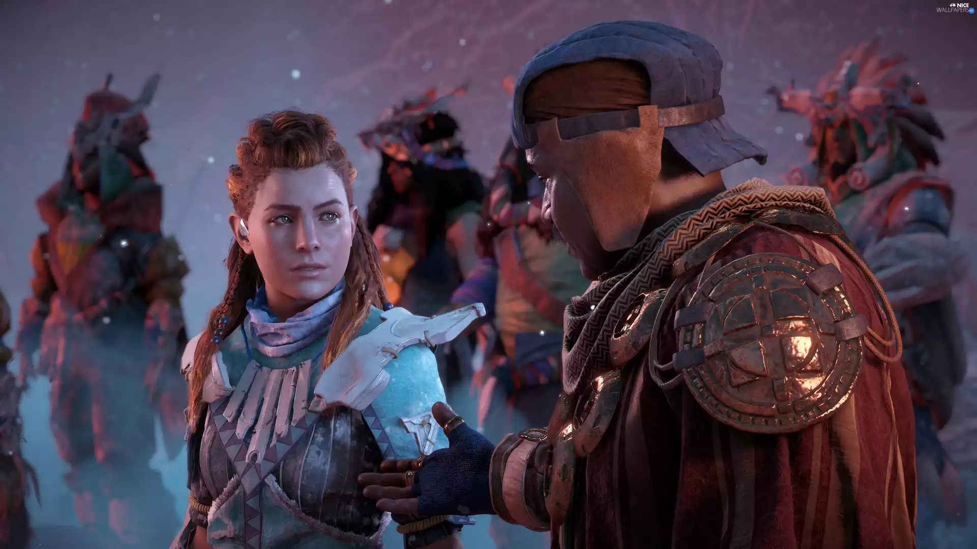 game, Horizon Zero Dawn, Aloy, a man, Characters