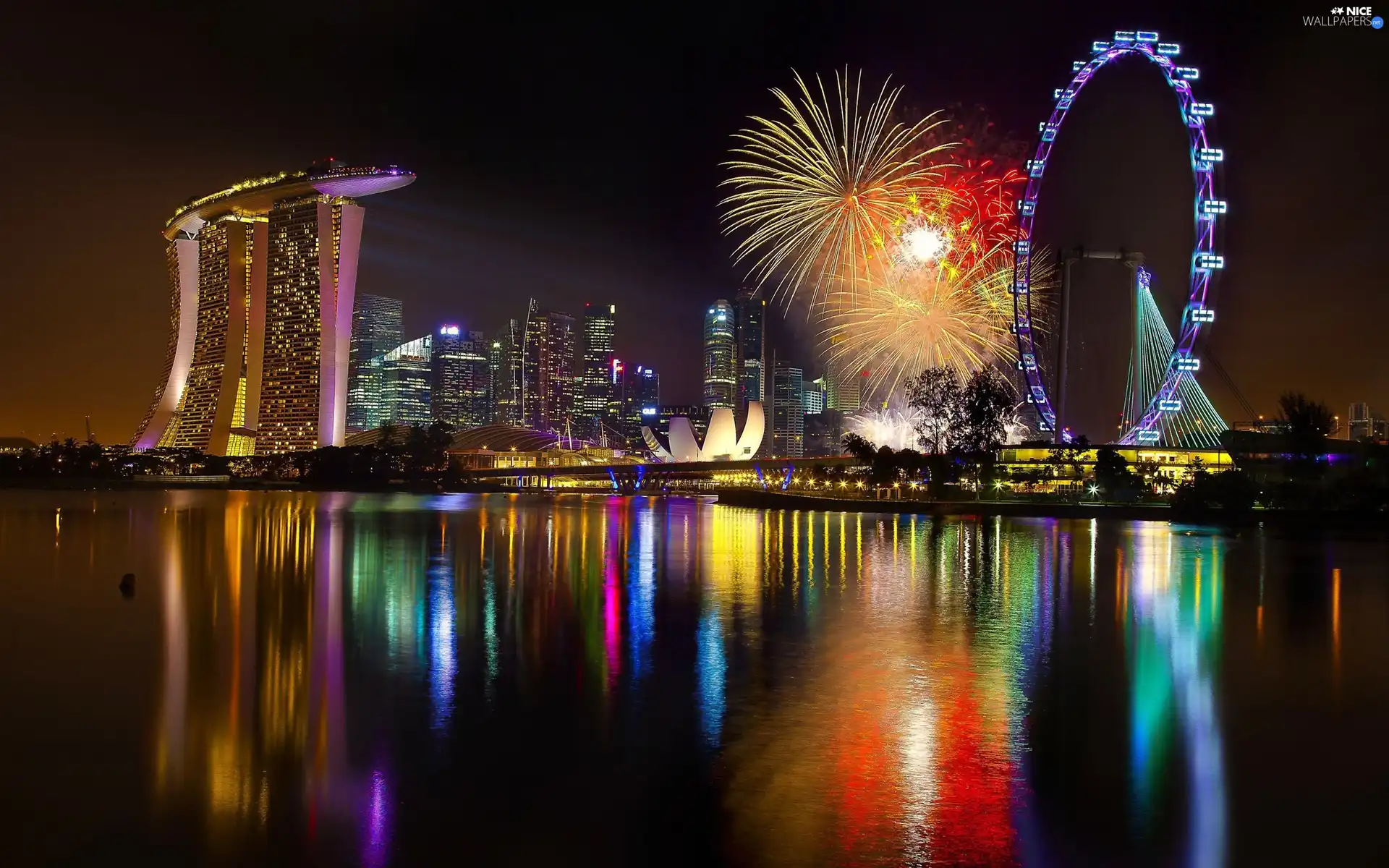 Town, Marina Bay Stands, Singapur, cheerful, Hotel hall, fireworks, night