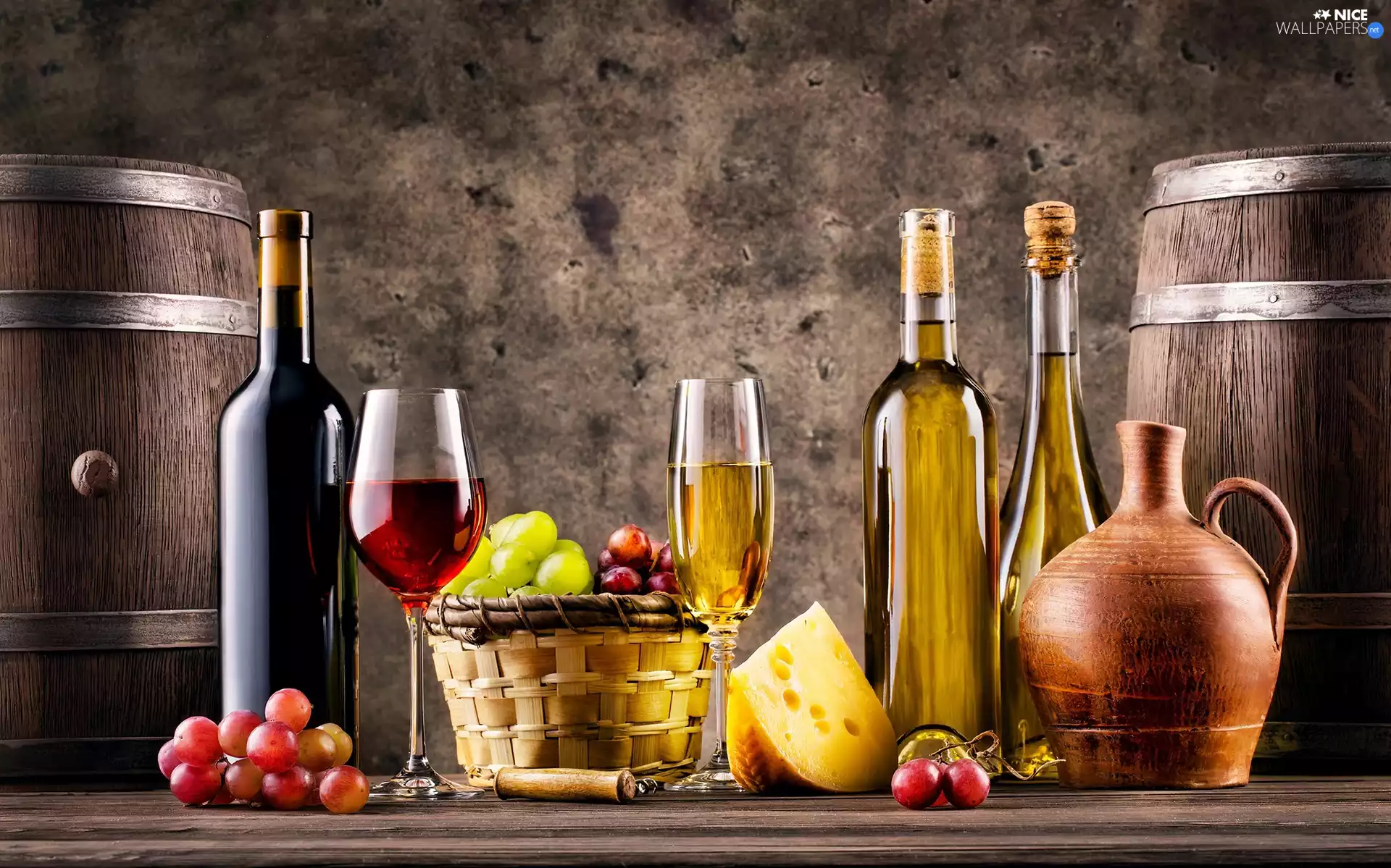 Bottles, drums, Grapes, cheese, glasses, Wine