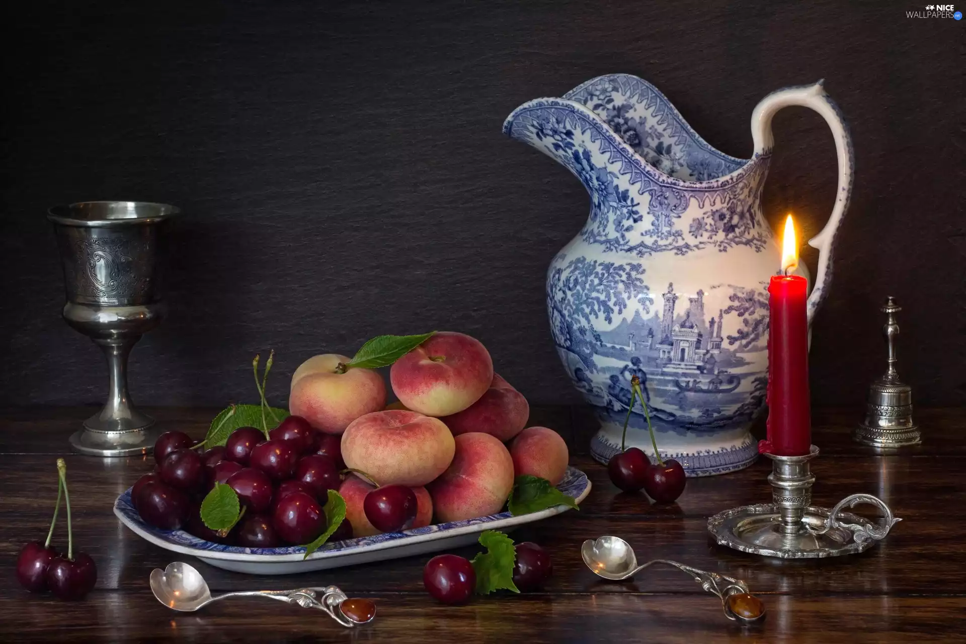 cherries, Fruits, peaches, candle, jug, composition, bell, Spoons, cup