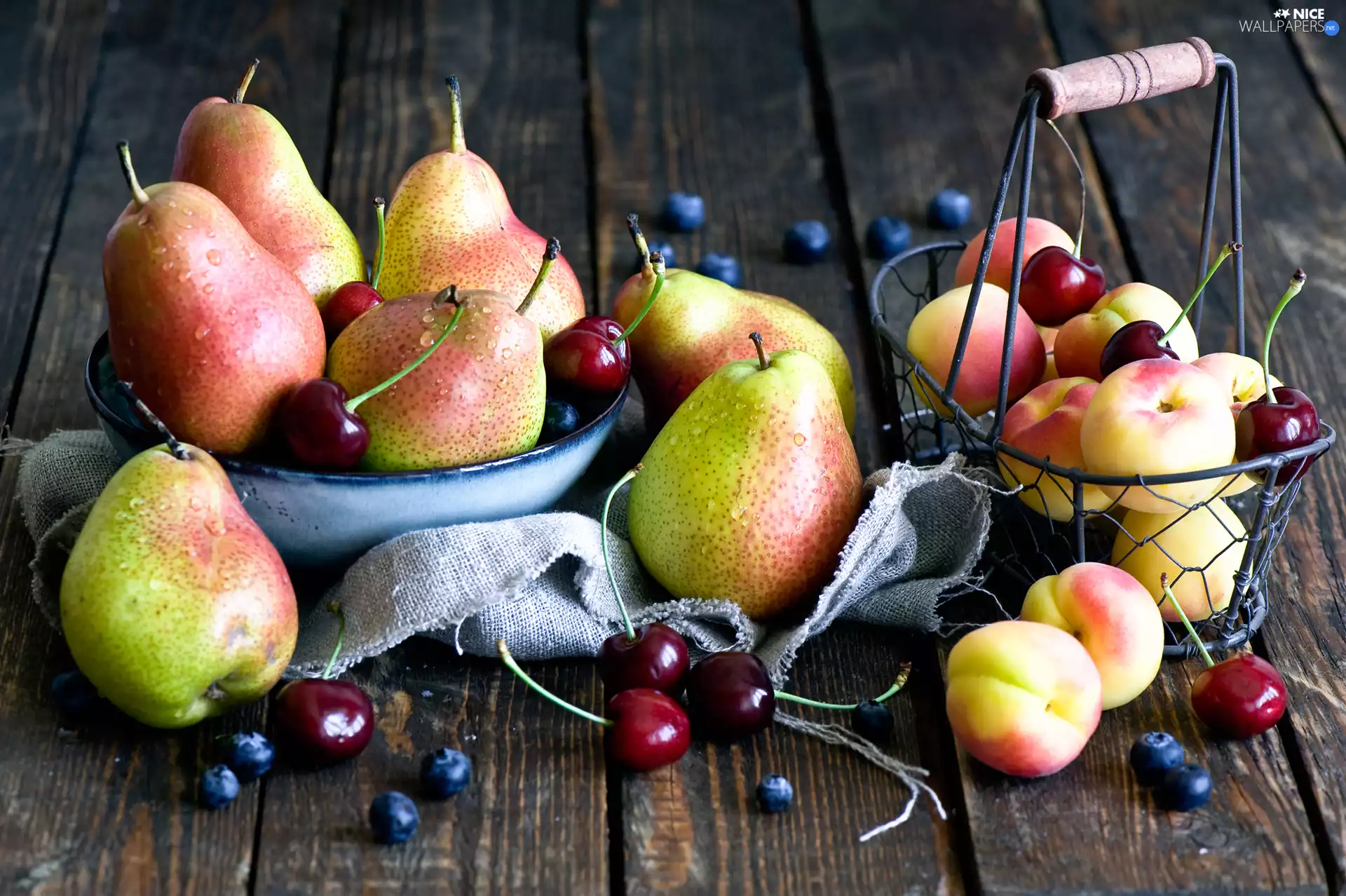cherries, truck concrete mixer, bowl, peaches, composition, blueberries, basket