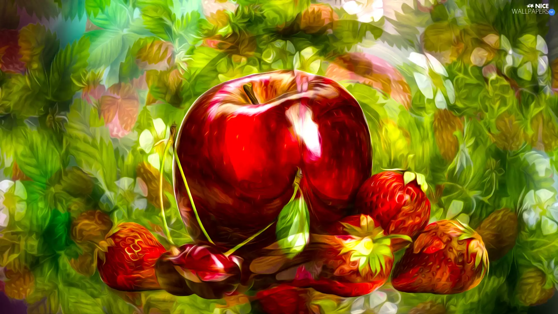 strawberries, cherries, Fruits, Apple, graphics