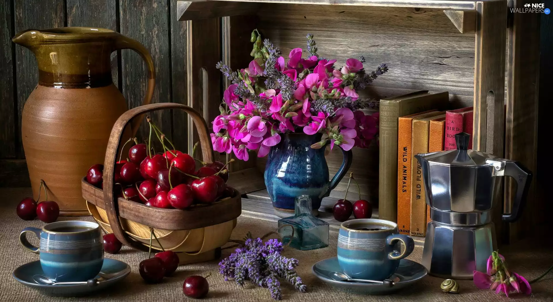 cherries, composition, basket, cups, Books, jug, Flowers, Fragrant Peas, coffee