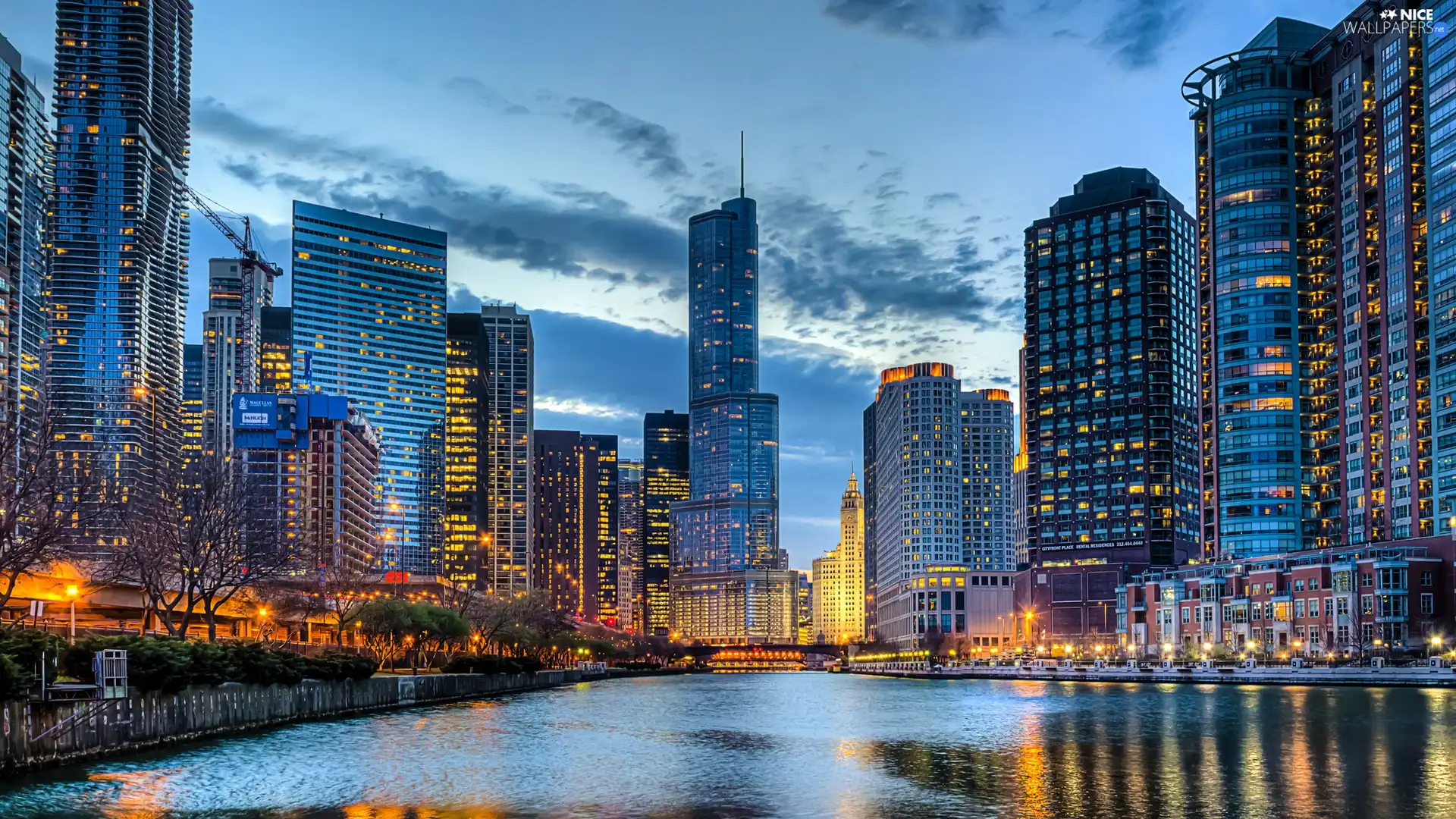 Chicago, USA, skyscrapers, clouds, River