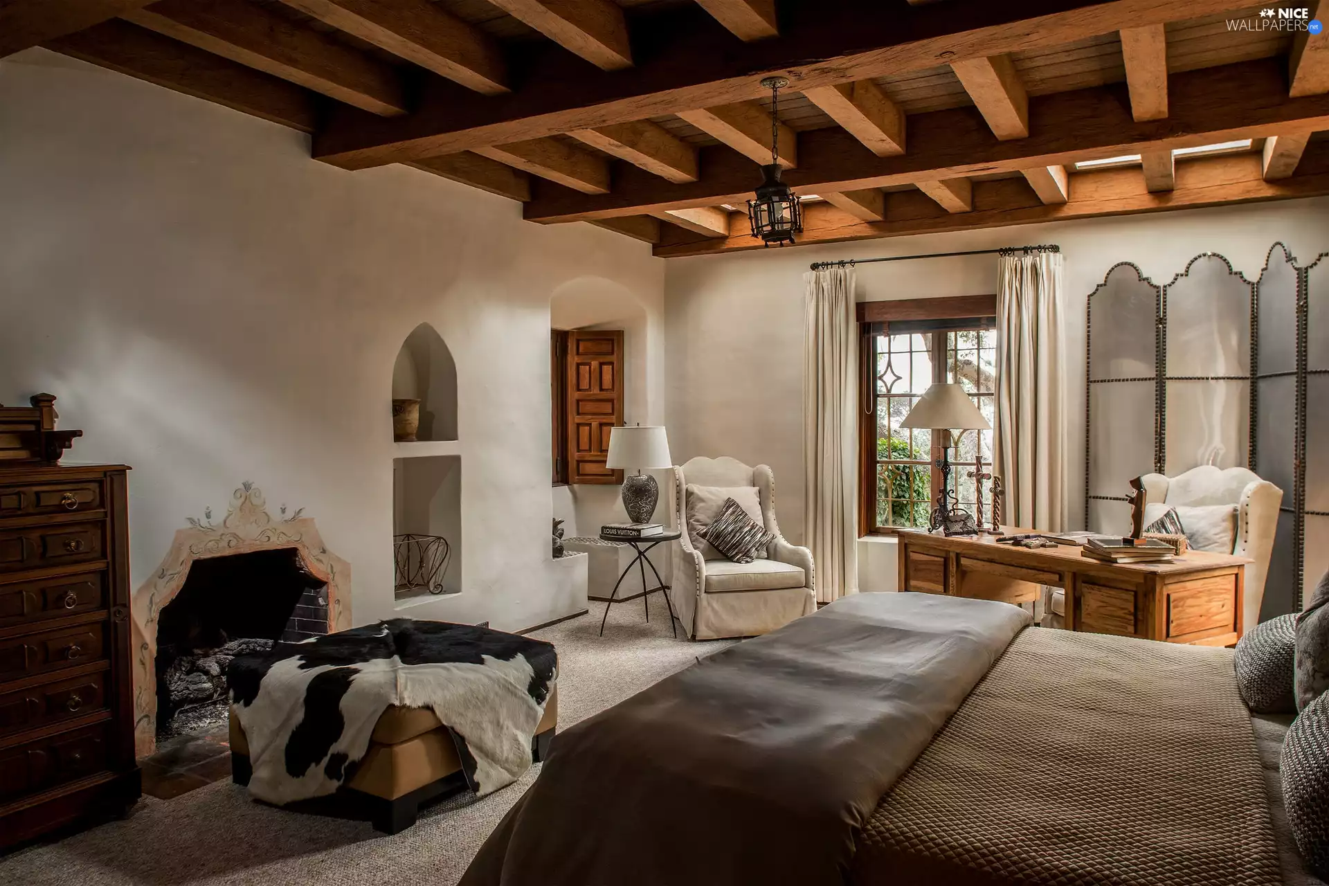 wooden, ceiling, burner chimney, desk, Bedroom