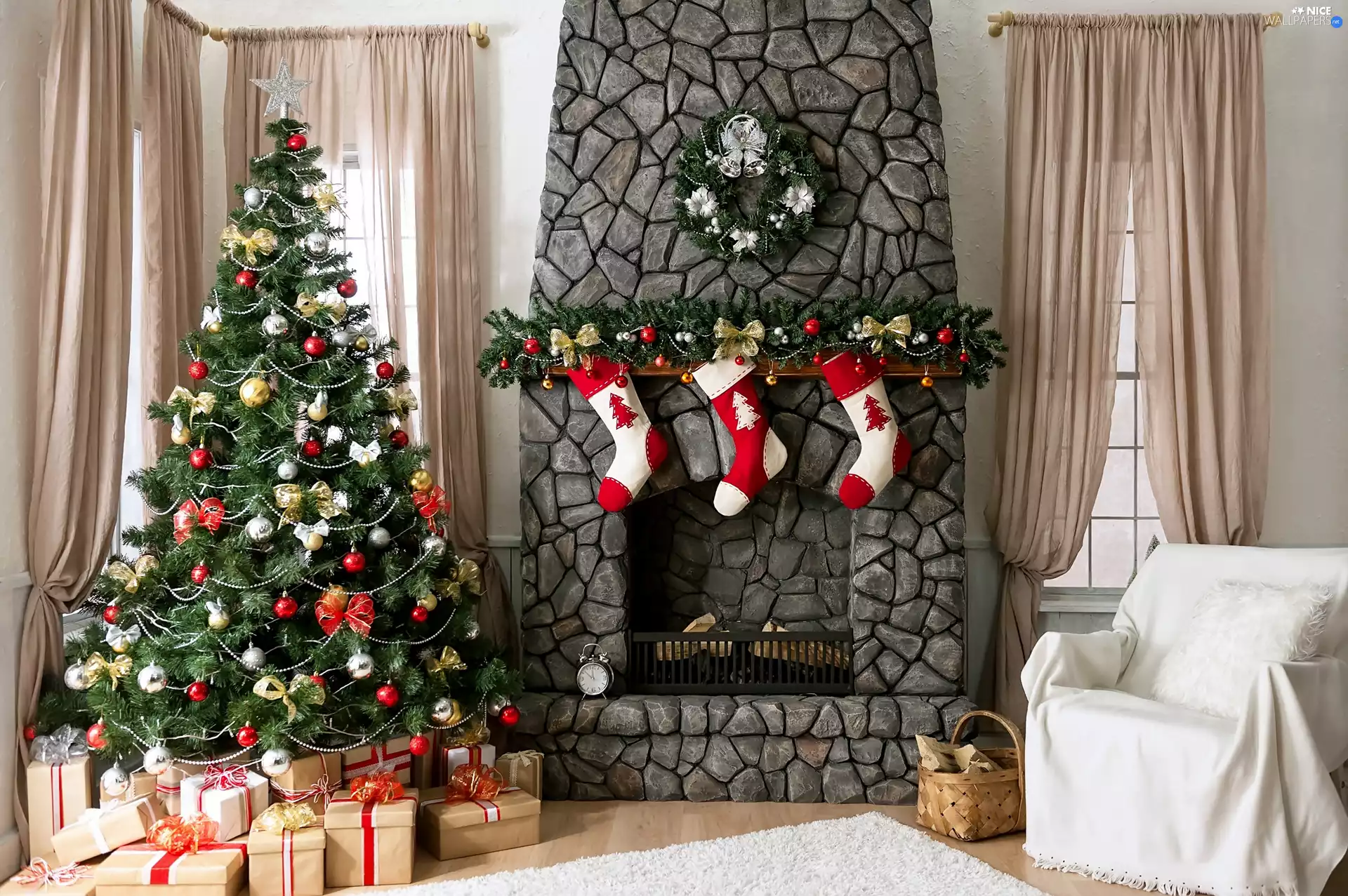 Armchair, Room, gifts, Christmas, christmas tree, burner chimney