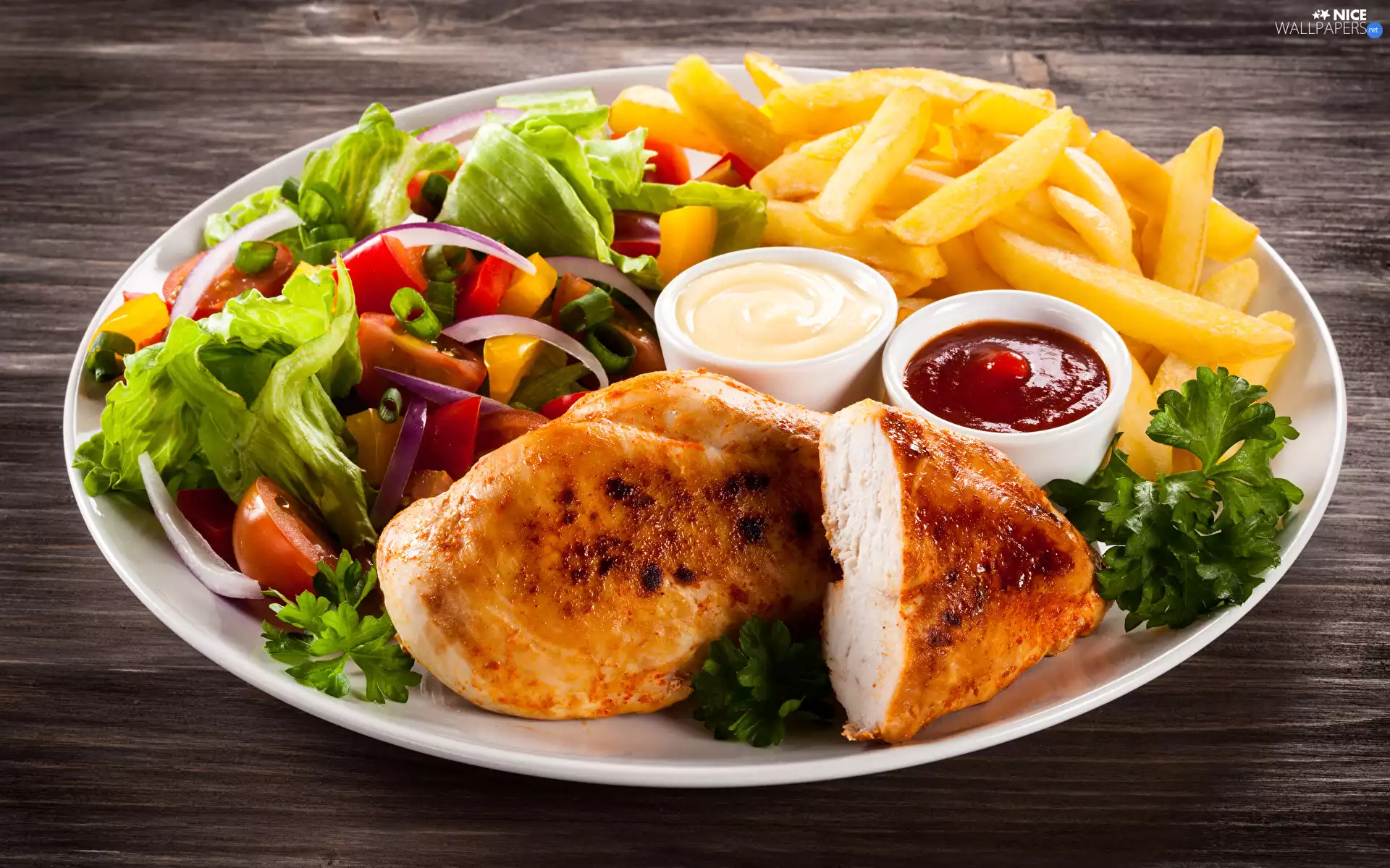 chips, food, salad, parsley, plate, boarding, chicken, Sauces, baked