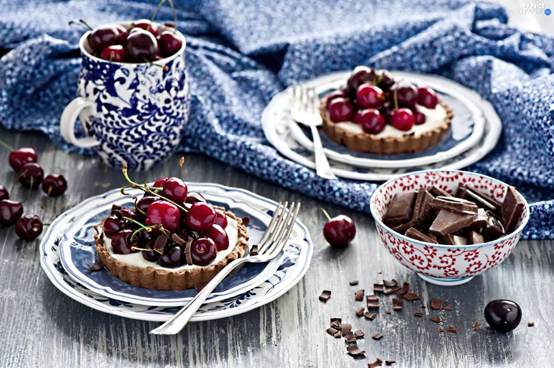 cup, chocolate, tartlets, cherries, cherry