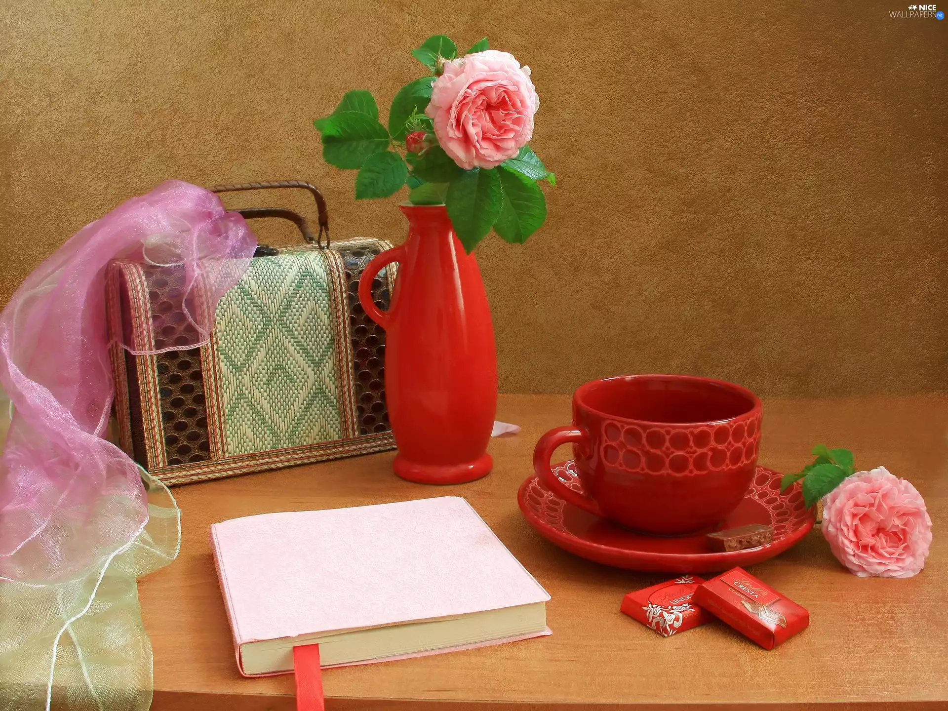 Book, Chocolates, roses, china, Pink