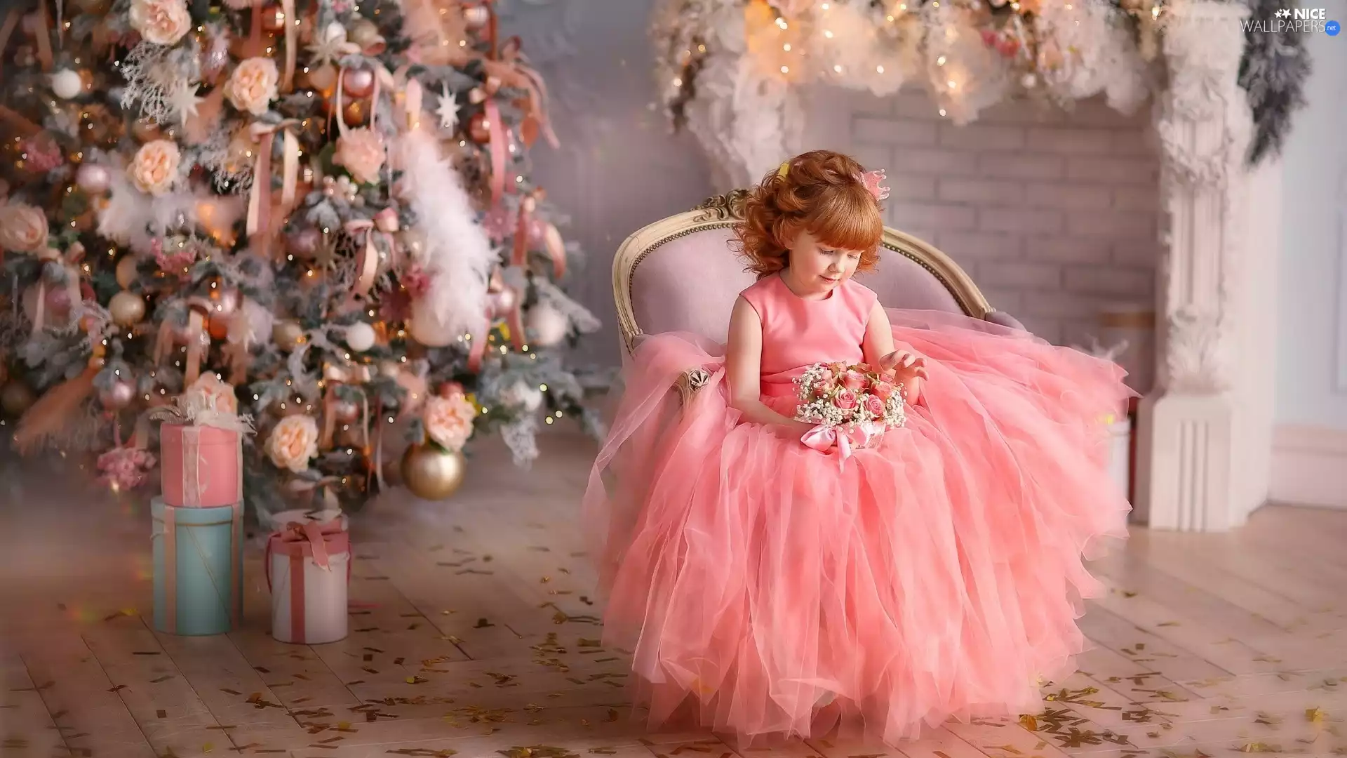 Pink, redhead, Armchair, christmas tree, dress, girl