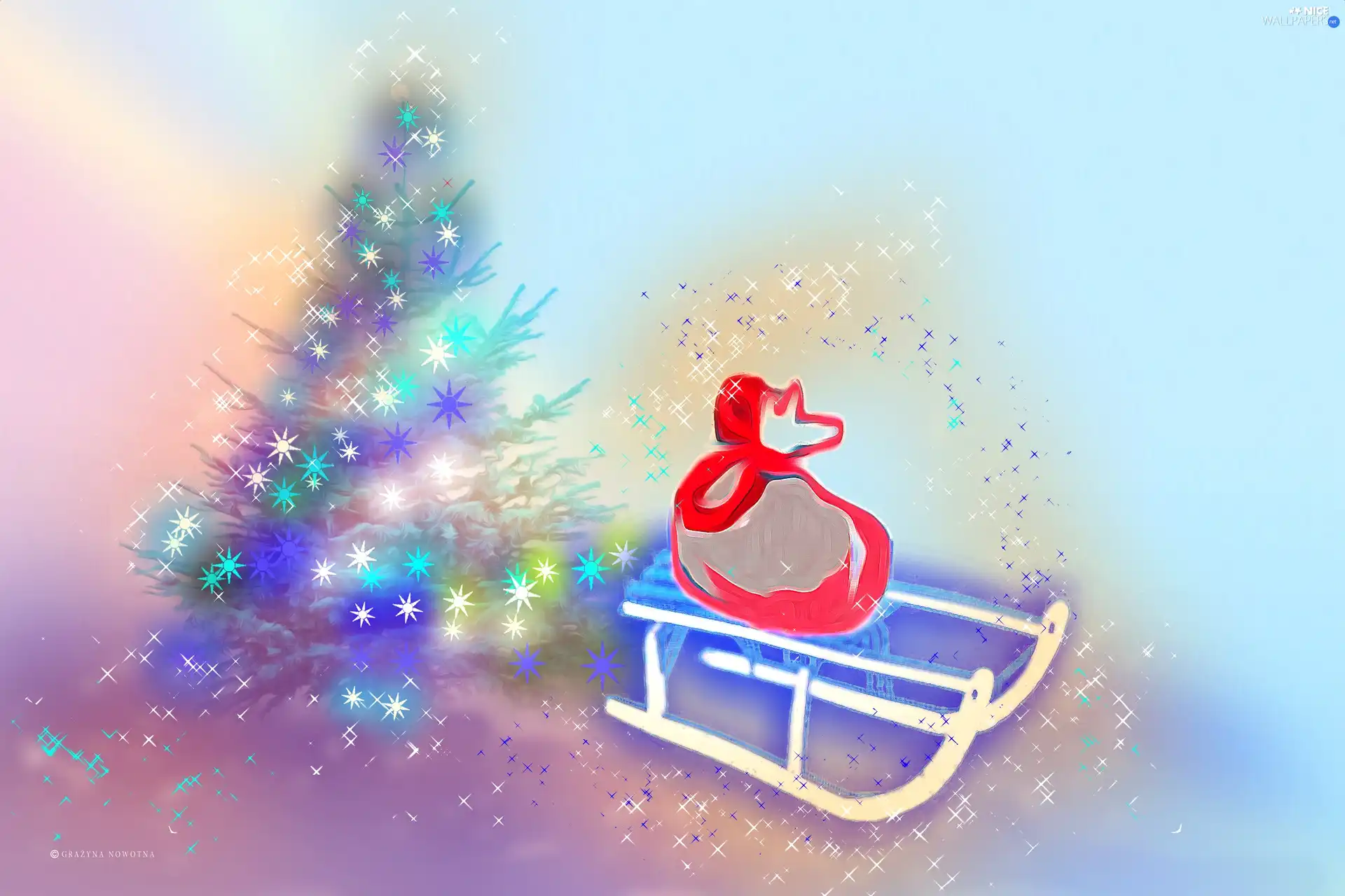 Stars, sledge, Christmas, bag, christmas tree, christmas, Drawing