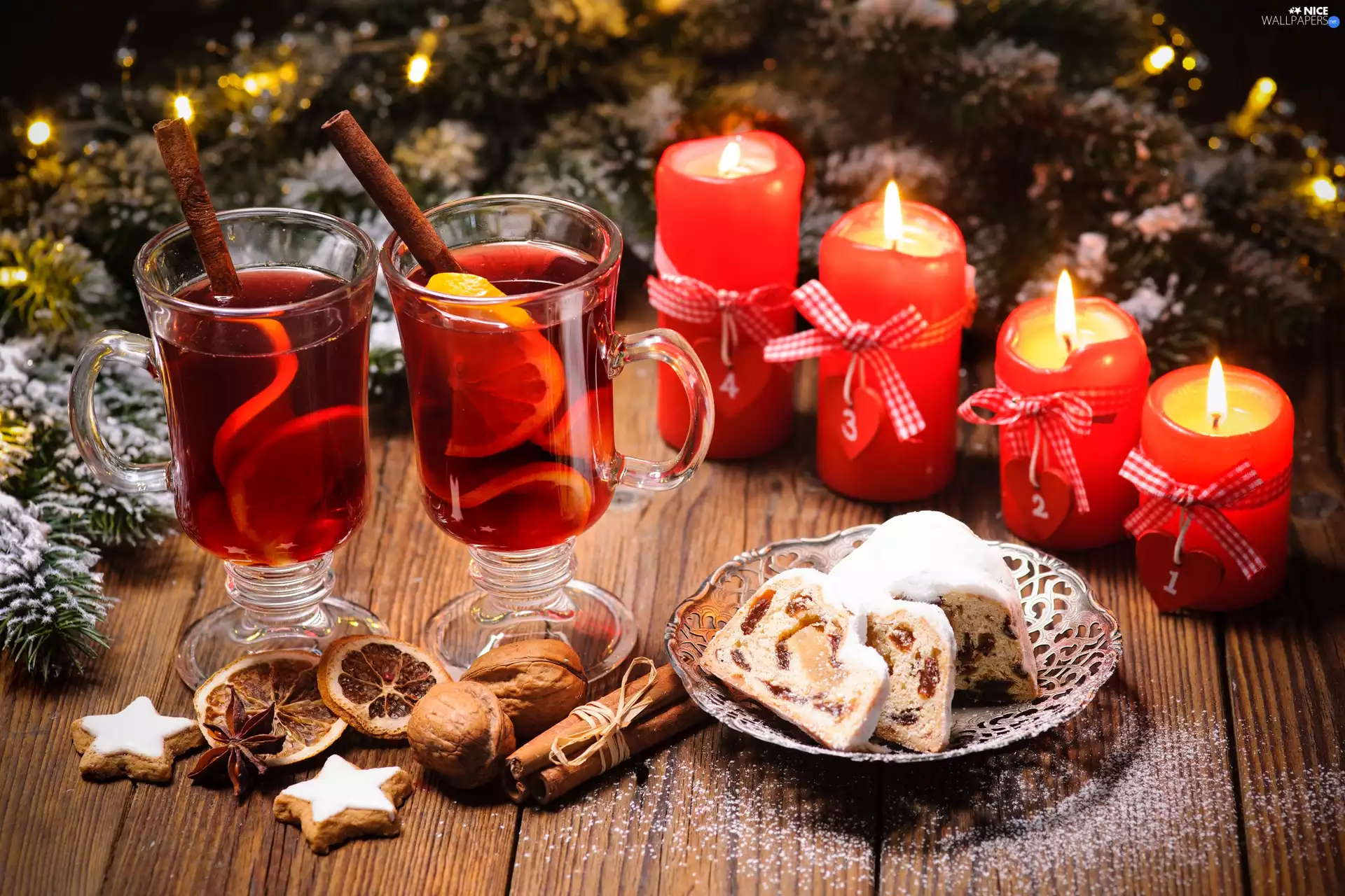 Christmas, composition, Glass, Mulled Wine, cake, nuts, Red, candles, four
