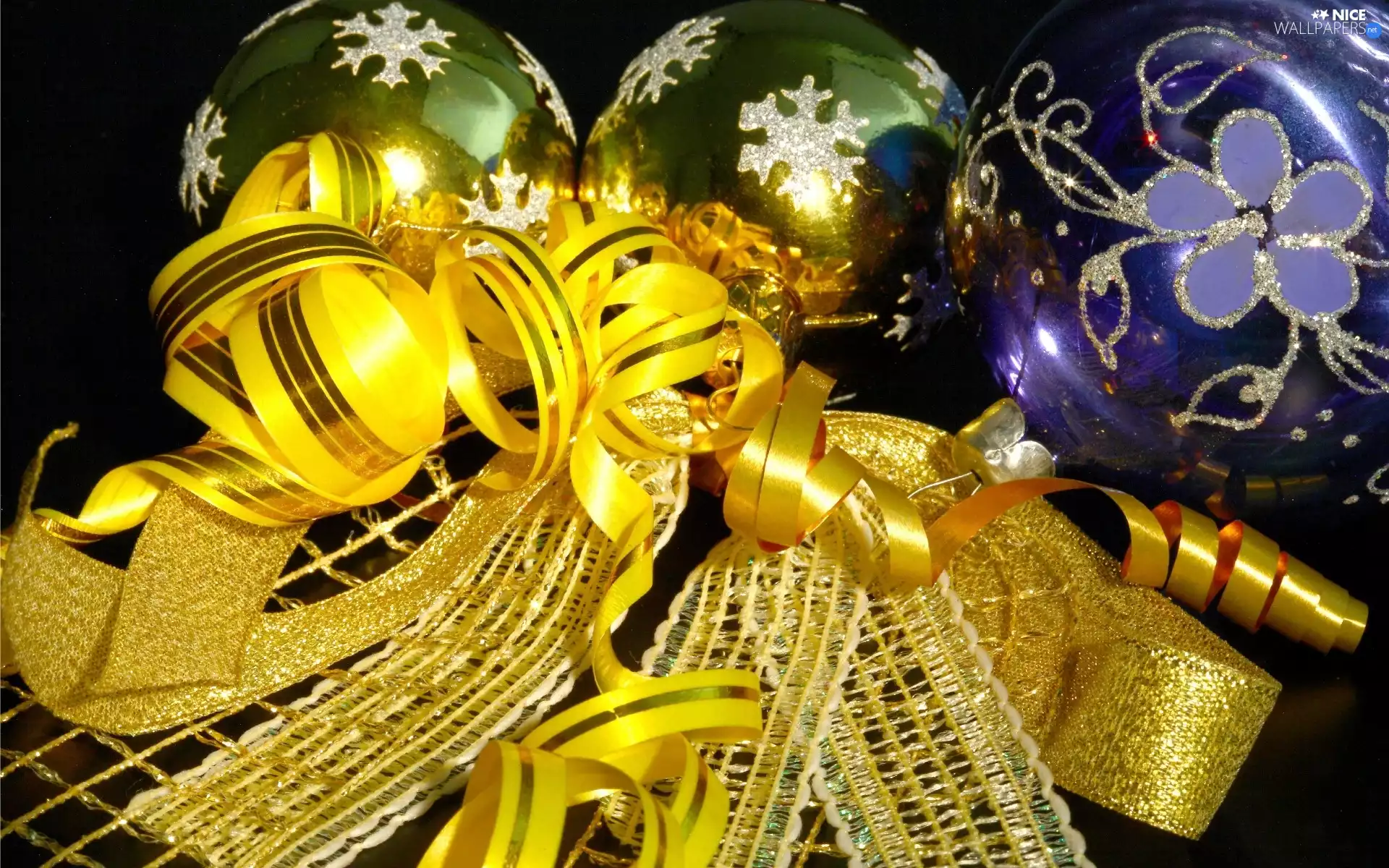 composition, baubles, Ribbons, Christmas