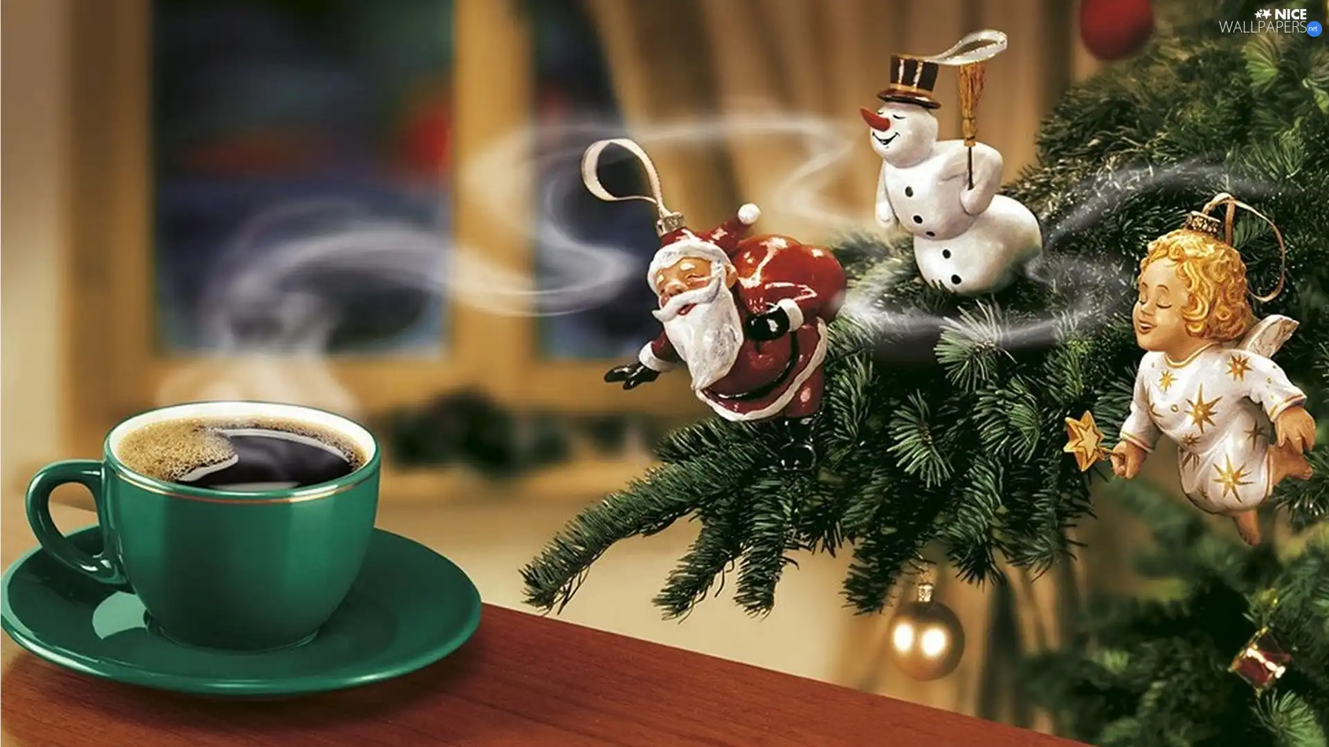 figures, coffee, christmas tree