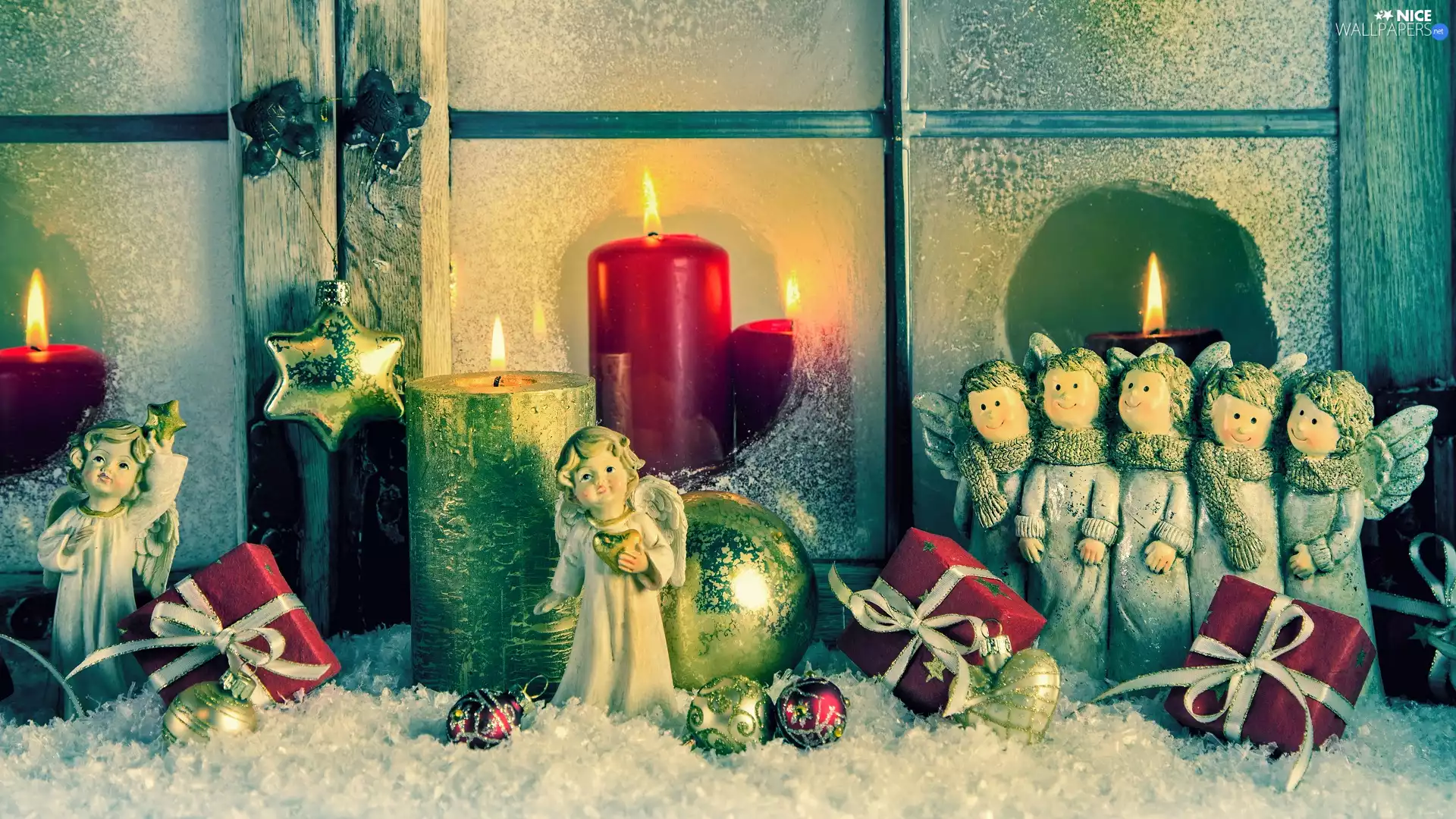 Christmas, composition, angels, Candles, snow, Christmas, gifts, Window, baubles