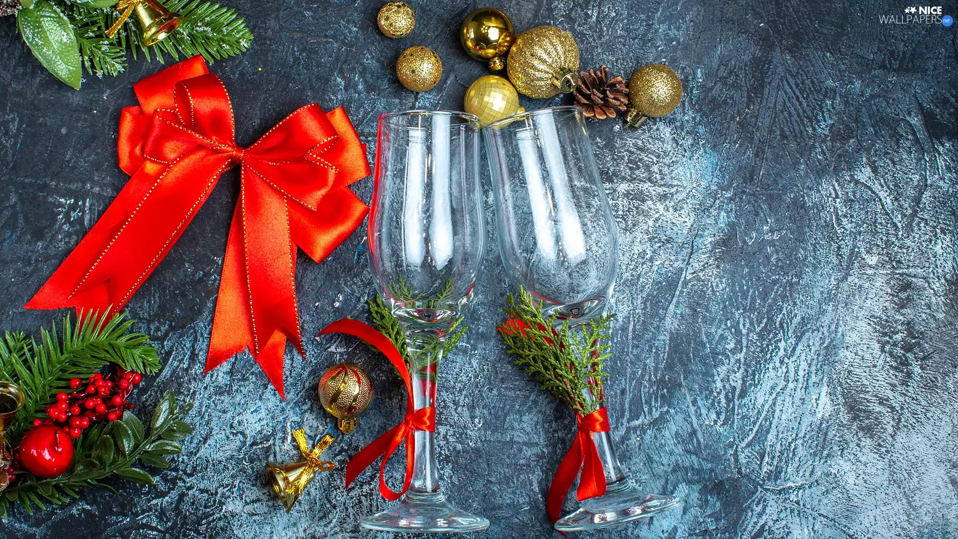 Twigs, ribbon, cones, Christmas, baubles, glasses