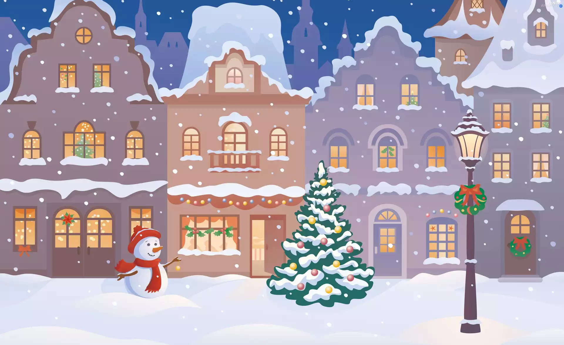 Snowman, 2D Graphics, Houses, christmas tree, Lighthouse, Christmas