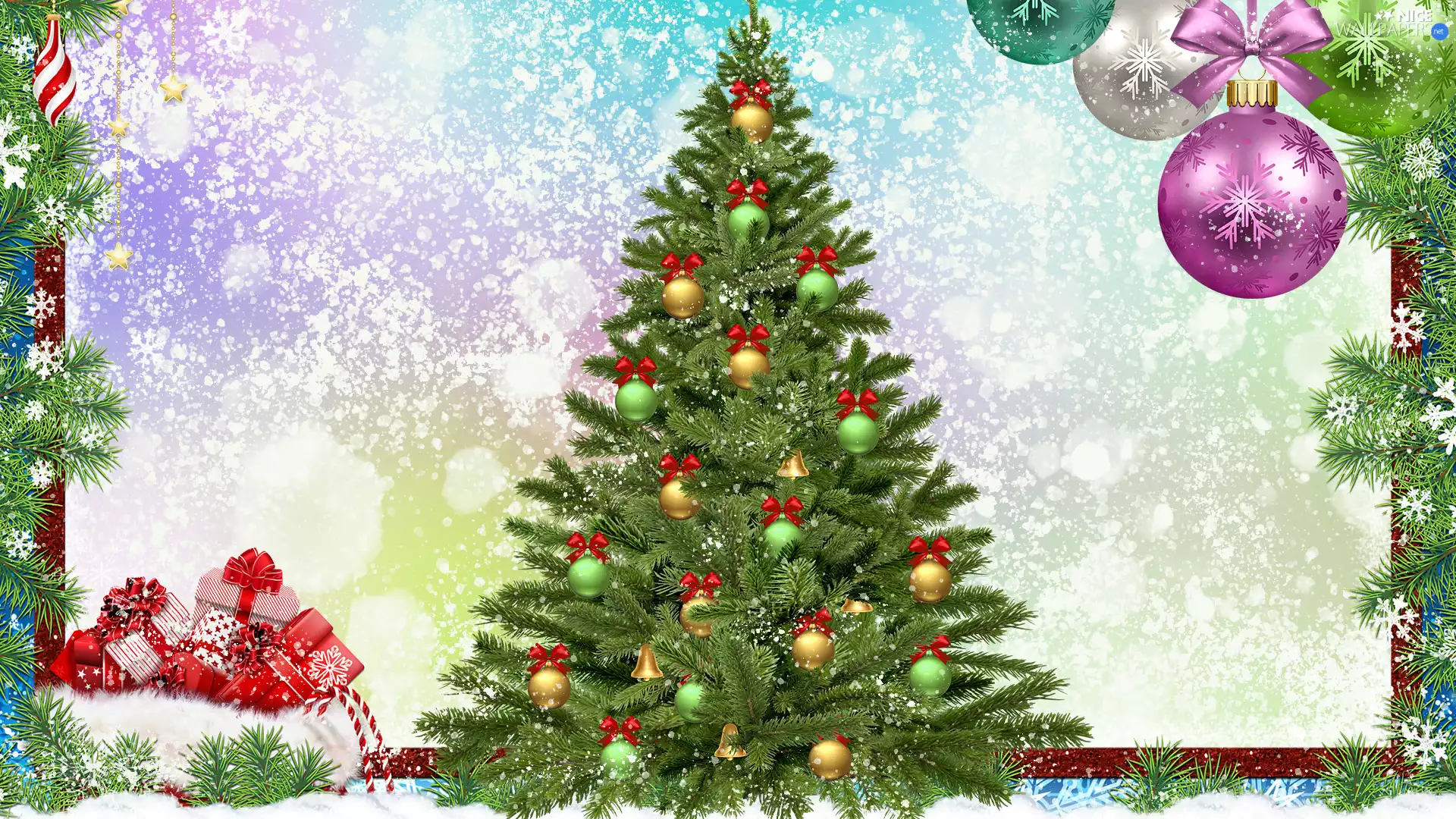 gifts, 2D Graphics, christmas tree, baubles, Christmas