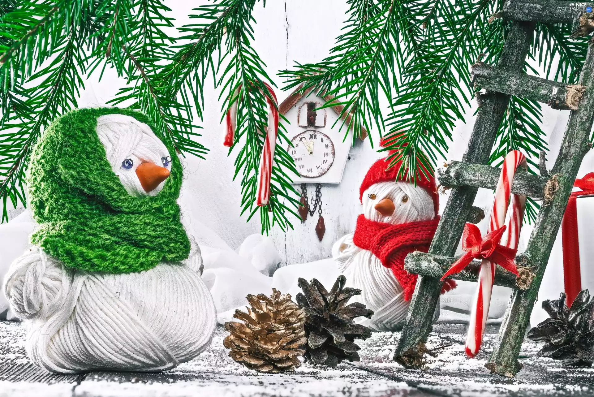 Christmas, composition, snowmen, Ladder, Clock, decoration, lollipops, Twigs, cones