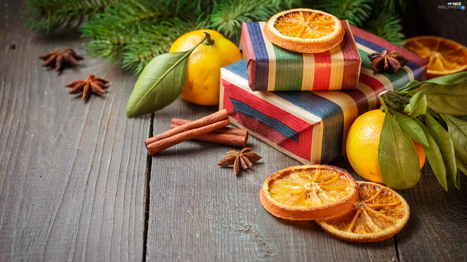 Christmas, composition, boarding, gifts, anise, Twigs, mandarin, cinnamon, slices