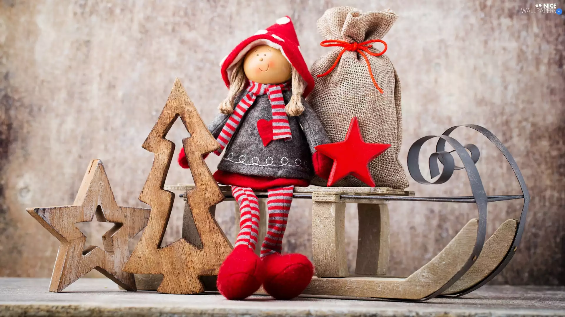 christmas tree, sledge, decoration, bag, dolly, starfish, Christmas