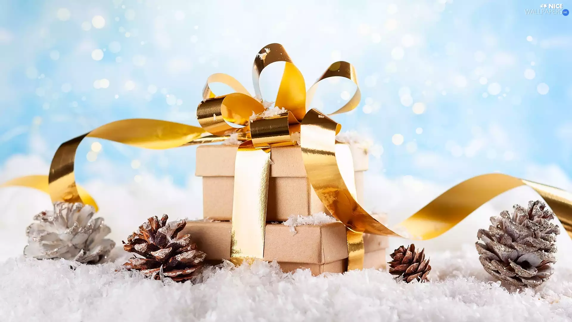 ribbon, gifts, snow, Christmas, cones, Golden automobile